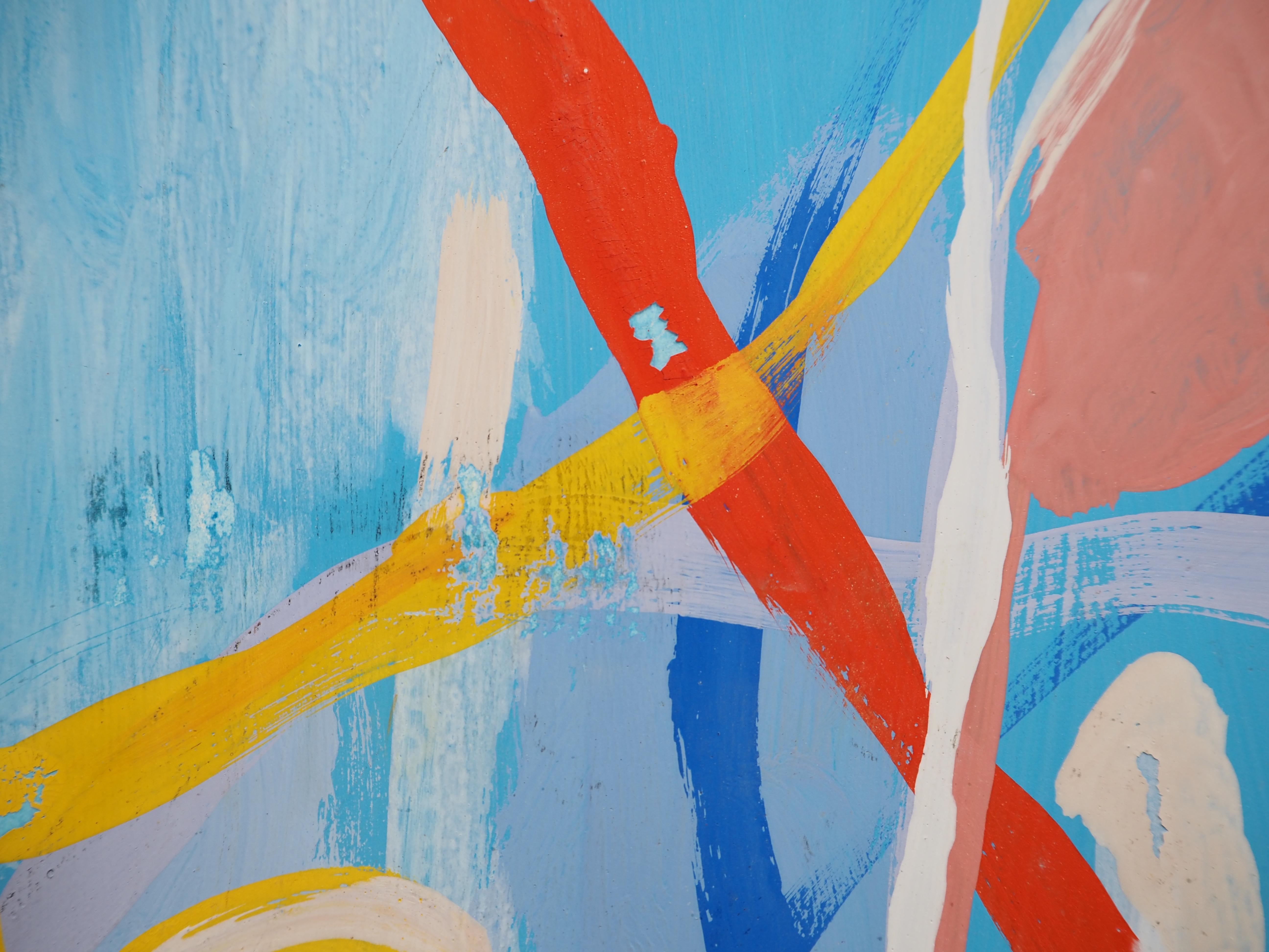 Composizione astratta su sfondo blu - Pittura originale a guazzo, firmata 5