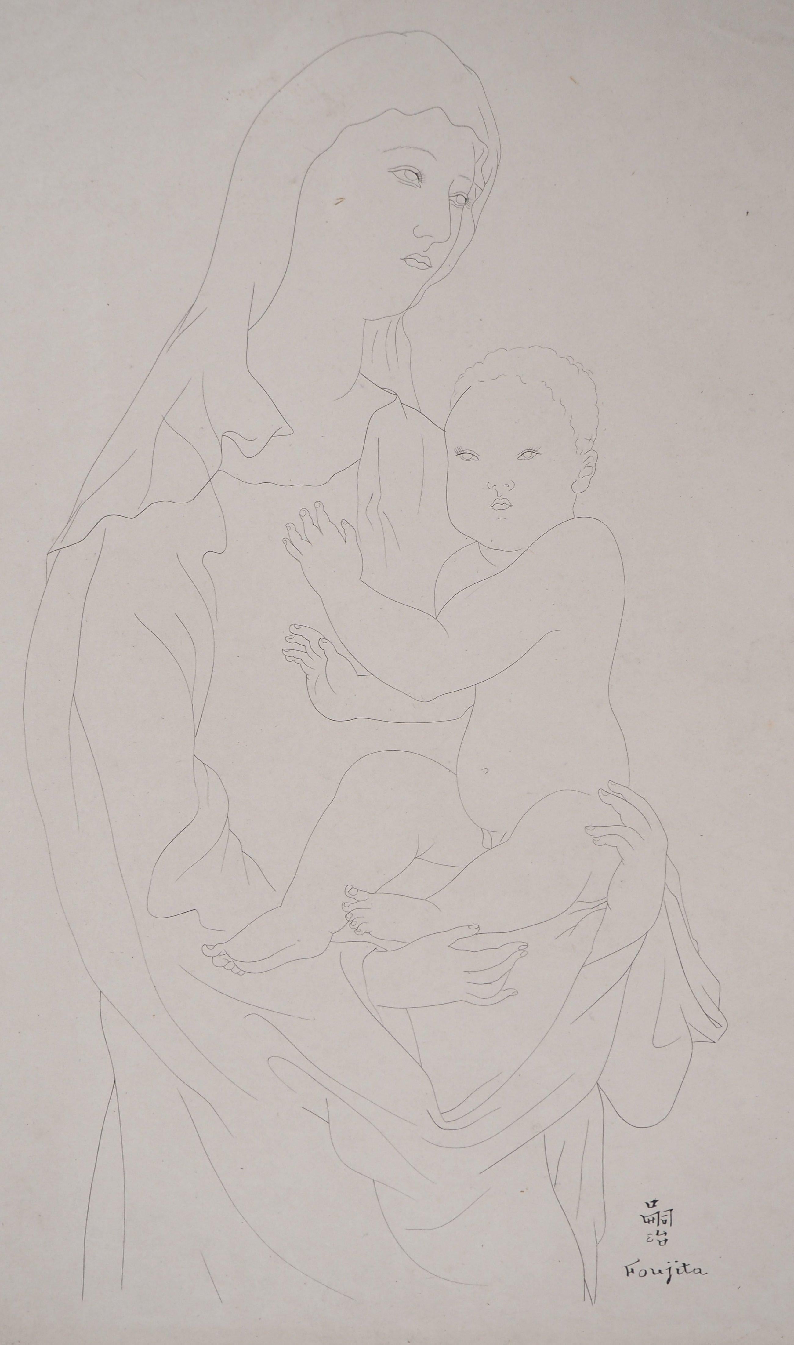 Madonna and Child - Orignal Indian Ink Drawing, Signed - Gray Portrait by Leonard Tsuguharu Foujita