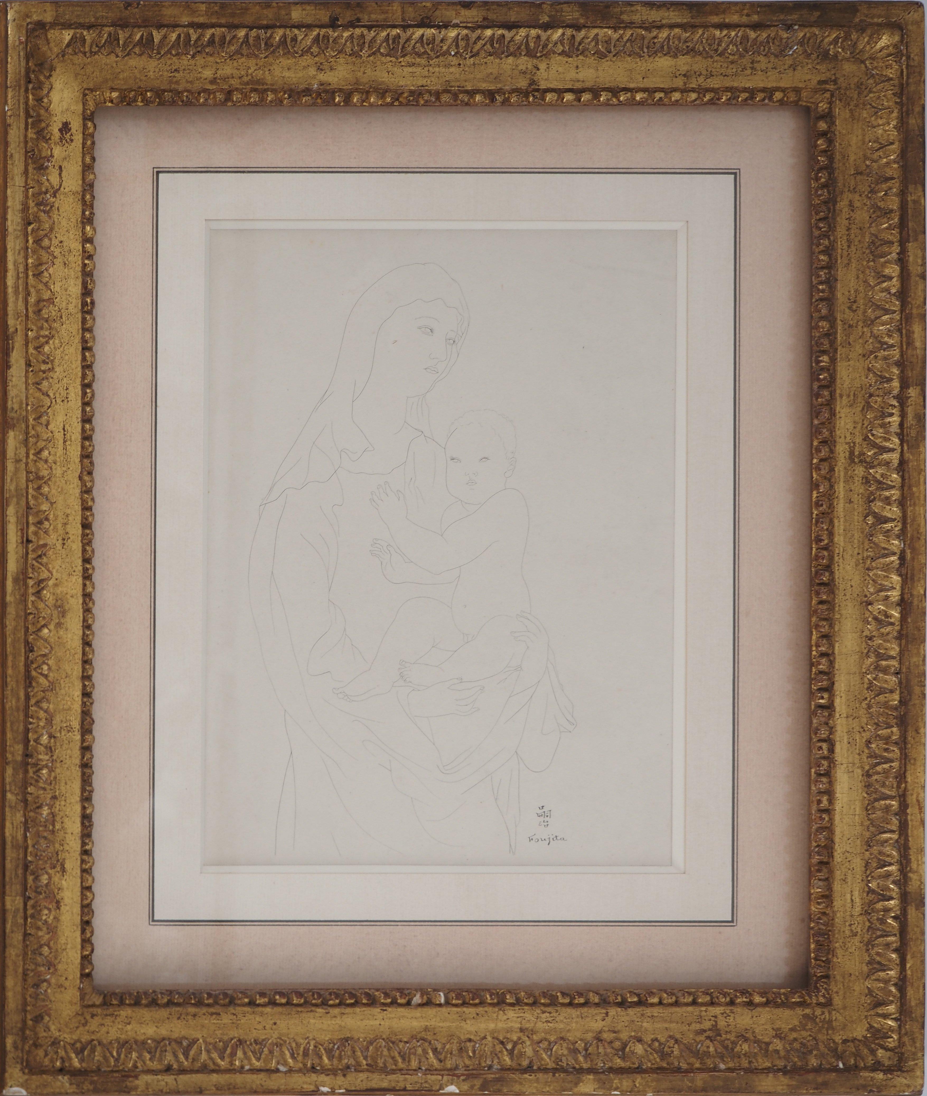 Madonna and Child - Orignal Indian Ink Drawing, Signed - Art by Leonard Tsuguharu Foujita