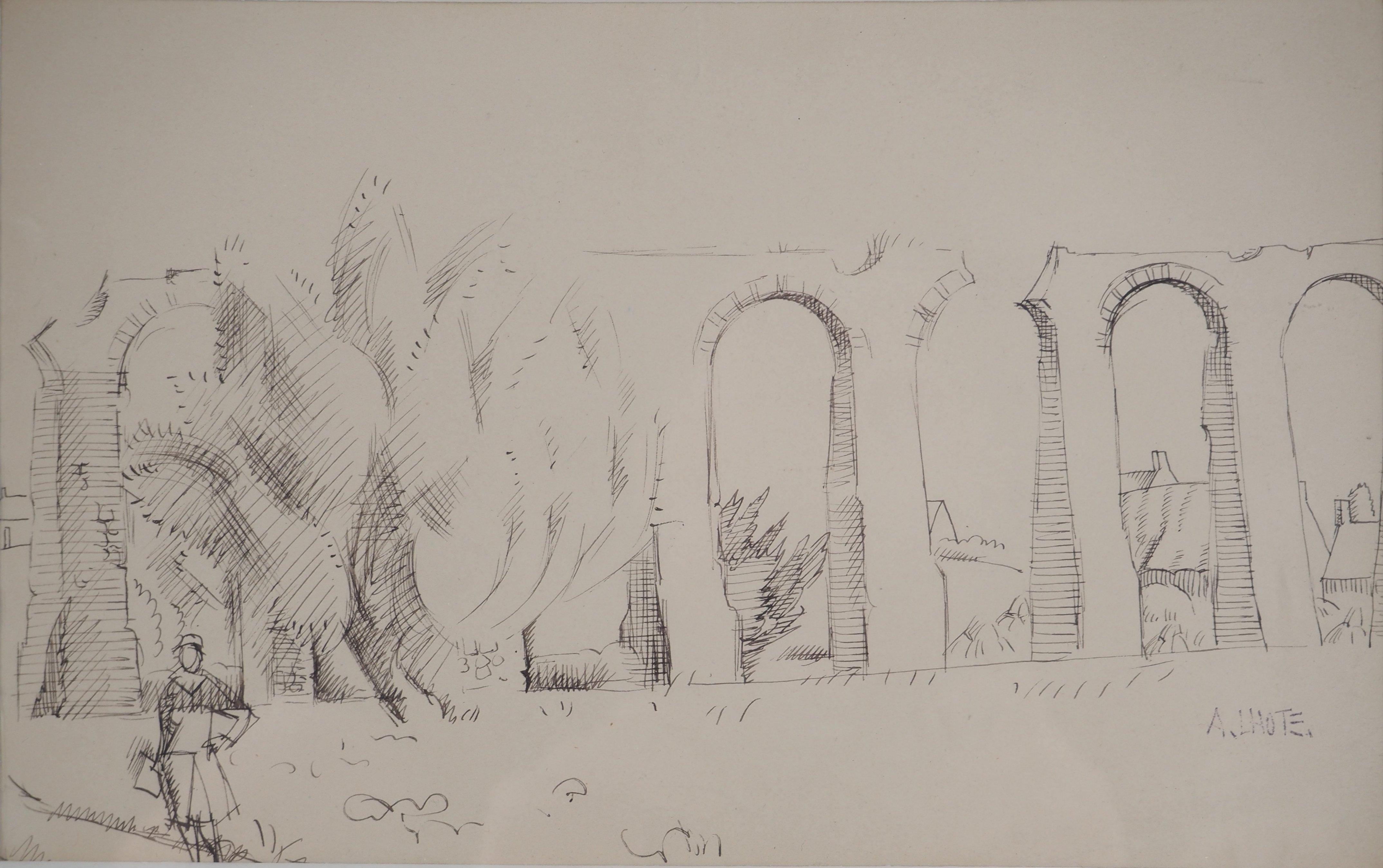 Roman Remains: Brücke in der Provence – Original-Tinte-Zeichnung, signiert