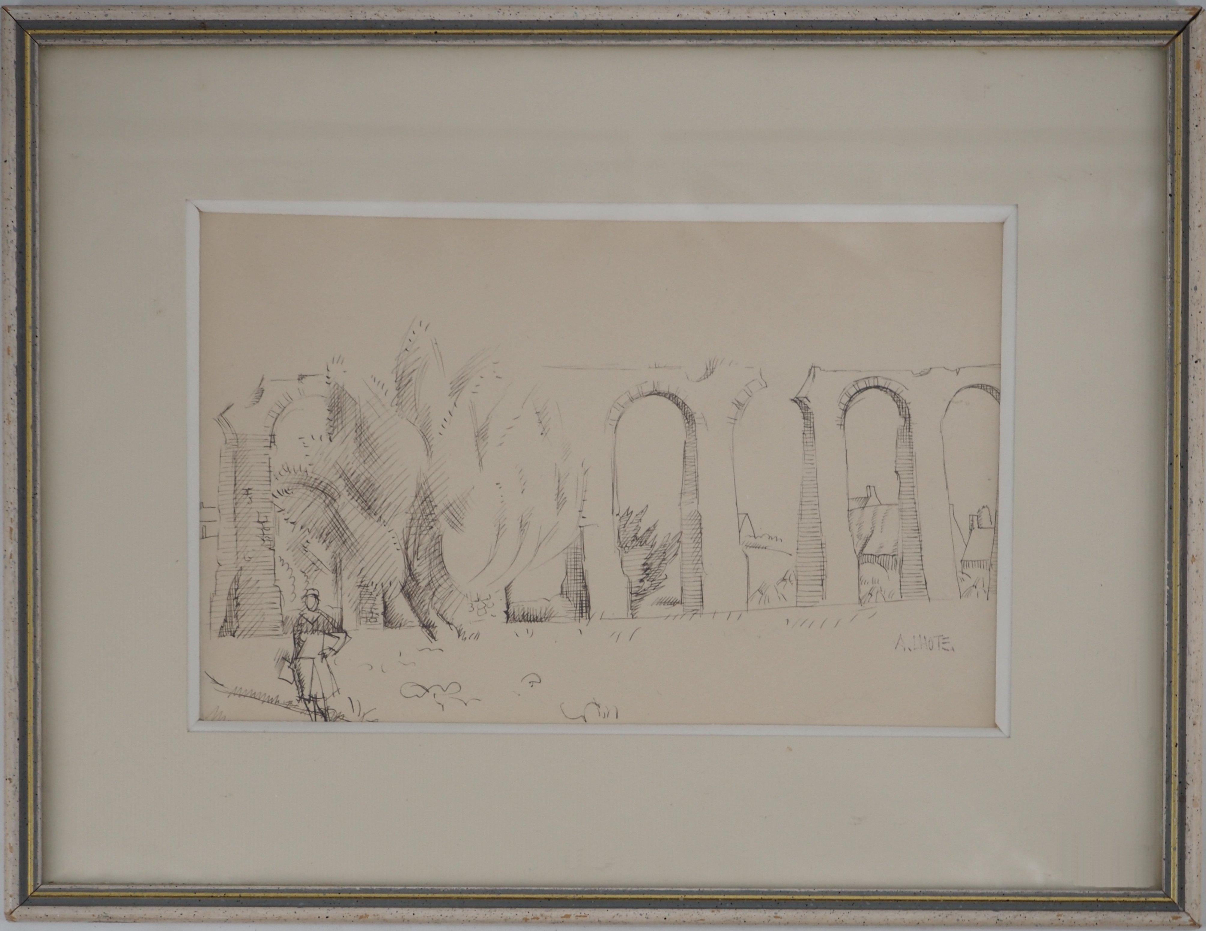 Roman Remains : Bridge in Provence - Original Ink Drawing, Signed - Cubist Art by André Lhote