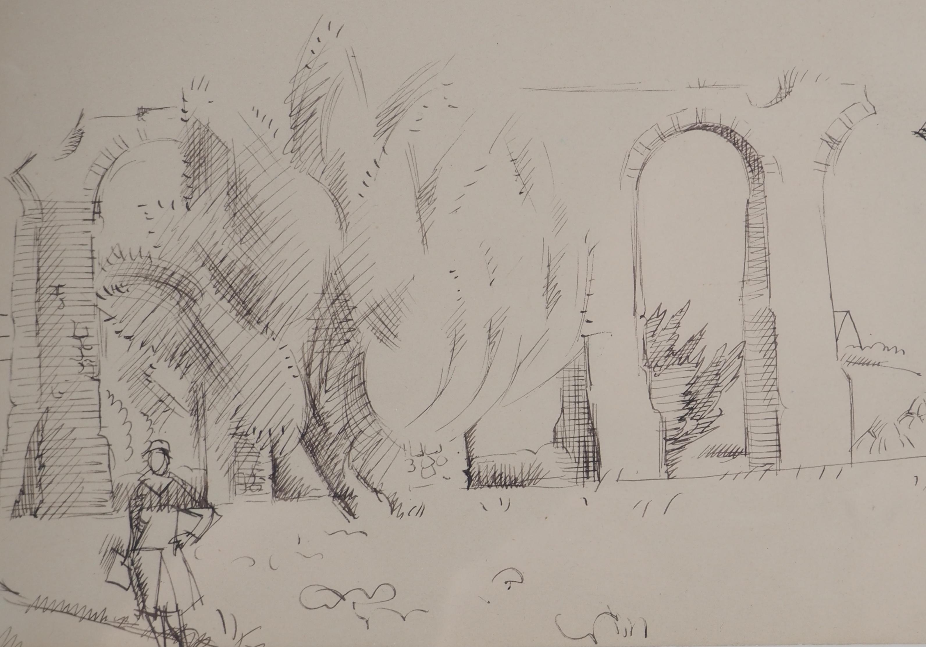 André LHOTE (1885-1962)
Römische Überreste: Brücke in der Provence (Le Pont du Gard), ca. 1925

Original Tuschezeichnung 
Signiert in der rechten unteren Ecke
Auf Papier 16 x 26 cm bei Sicht
Präsentiert in einem Rahmen aus lackiertem Holz 30 x 40
