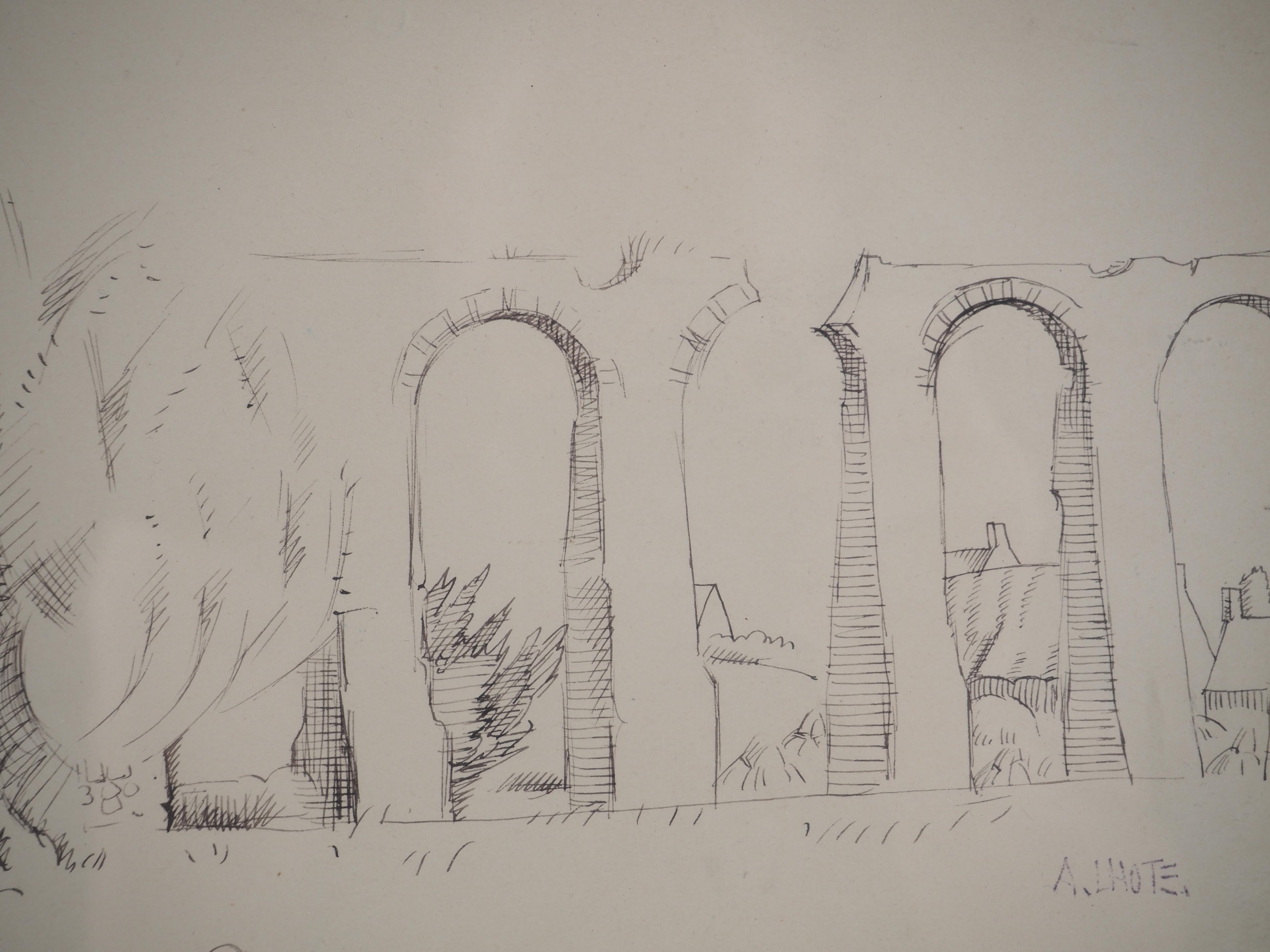 Roman Remains : Bridge in Provence - Original Ink Drawing, Signed For Sale 1