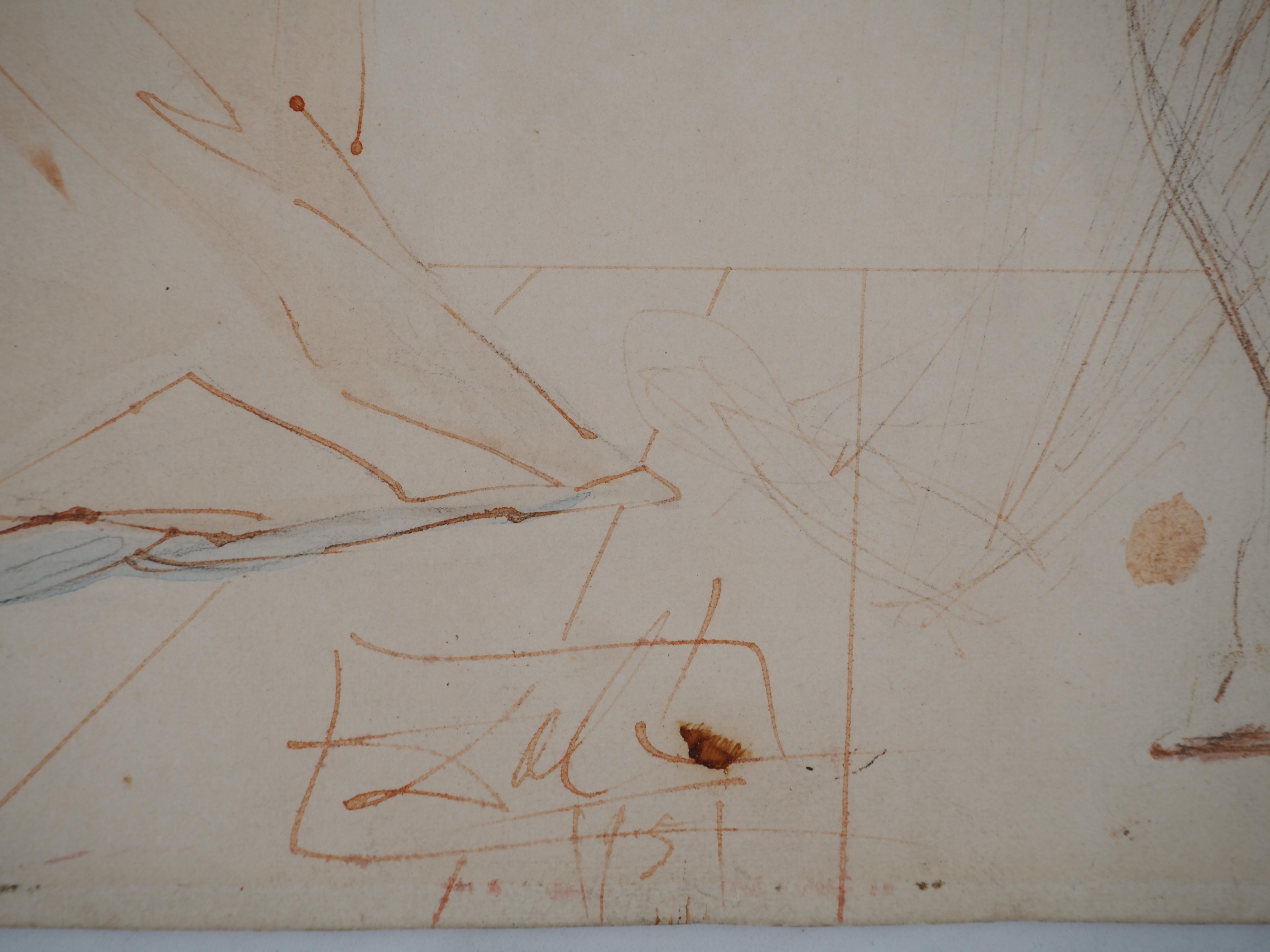 Dante and Beatrice - Original WATERCOLOR, Signed (Descharnes #d6970_1951) - Art by Salvador Dalí