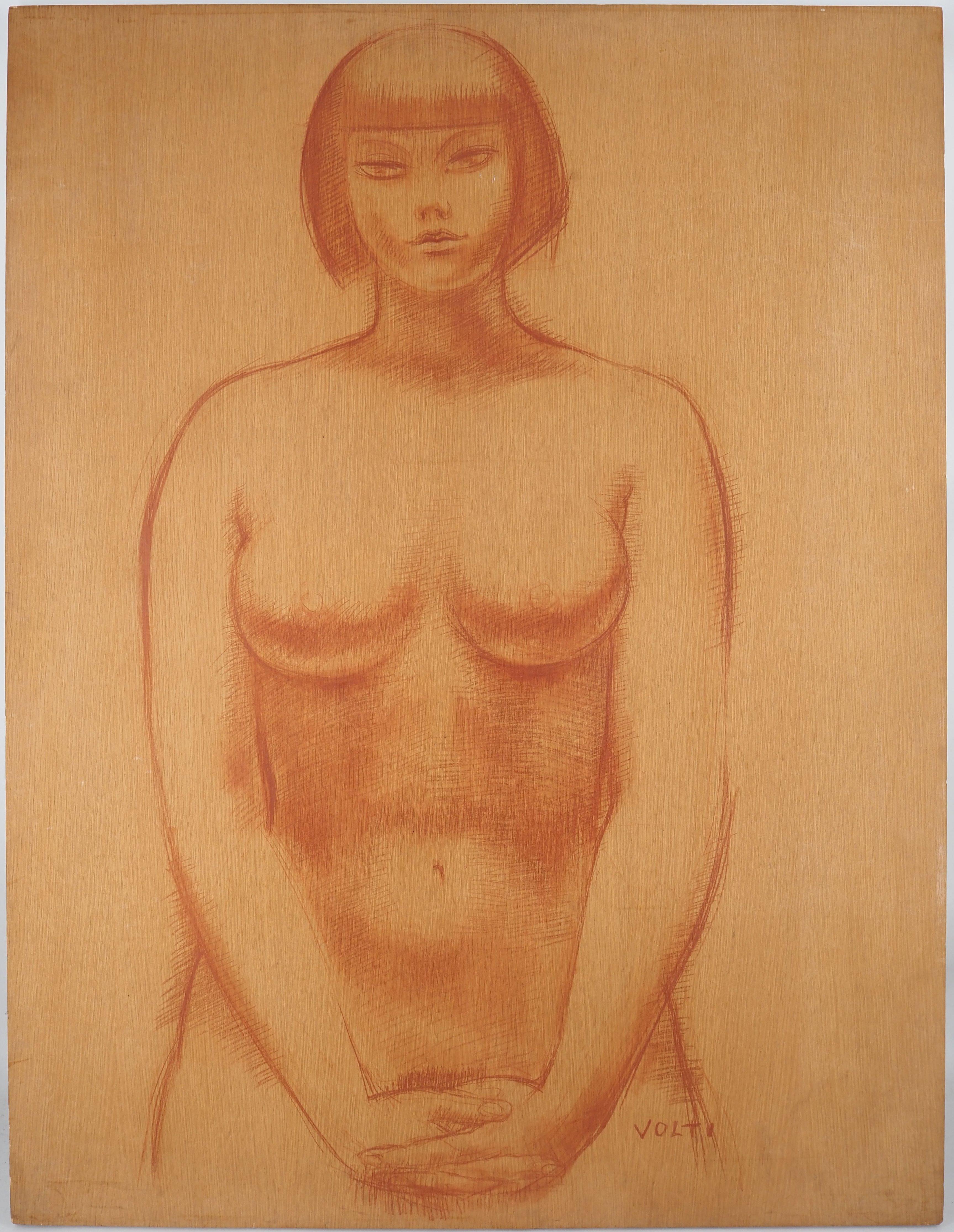 Antoniucci Volti Nude – Standender Akt – Original handsigniertes, hohes Gemälde auf Tafel