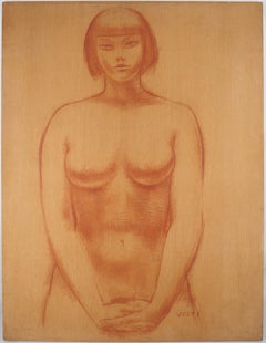 Standing Nude - Original handsigned tall painting on panel