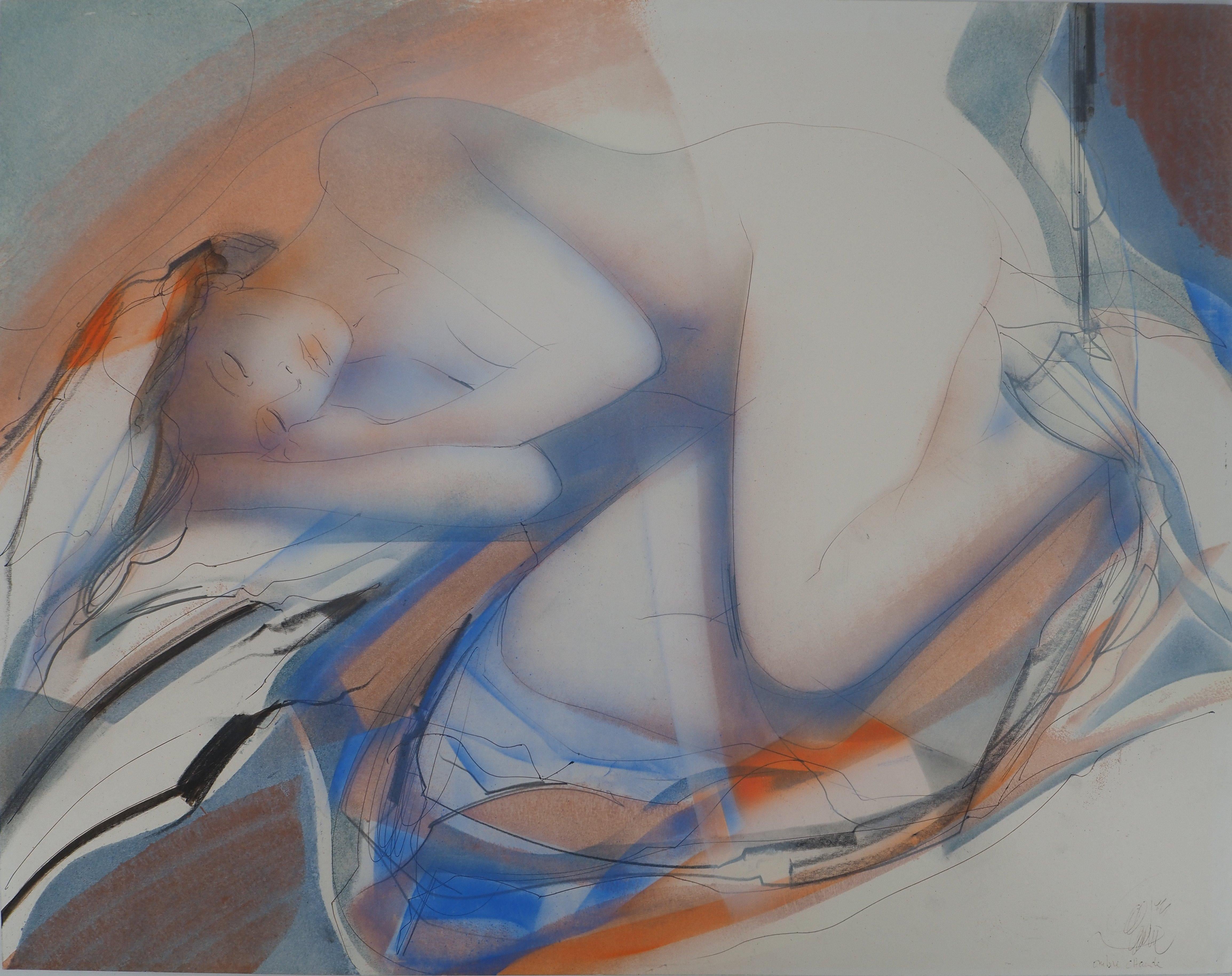 Ombre chaude : Nu endormi - Aquarelle originale, signée de la main de l'artiste