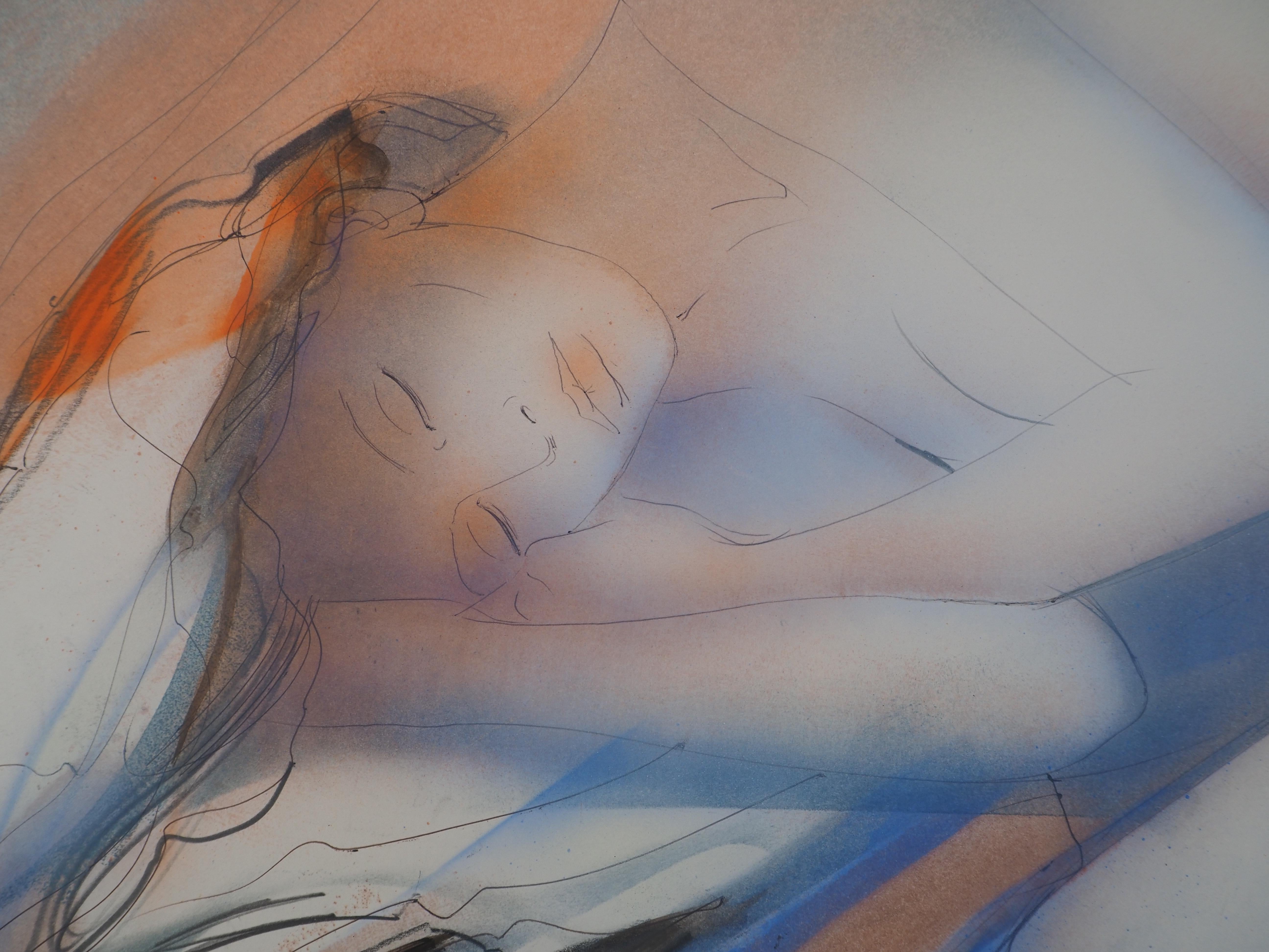 Sombra cálida : Desnudo dormido - Acuarela original, firmada a mano - Nude Gris de Jean-Baptiste Valadie