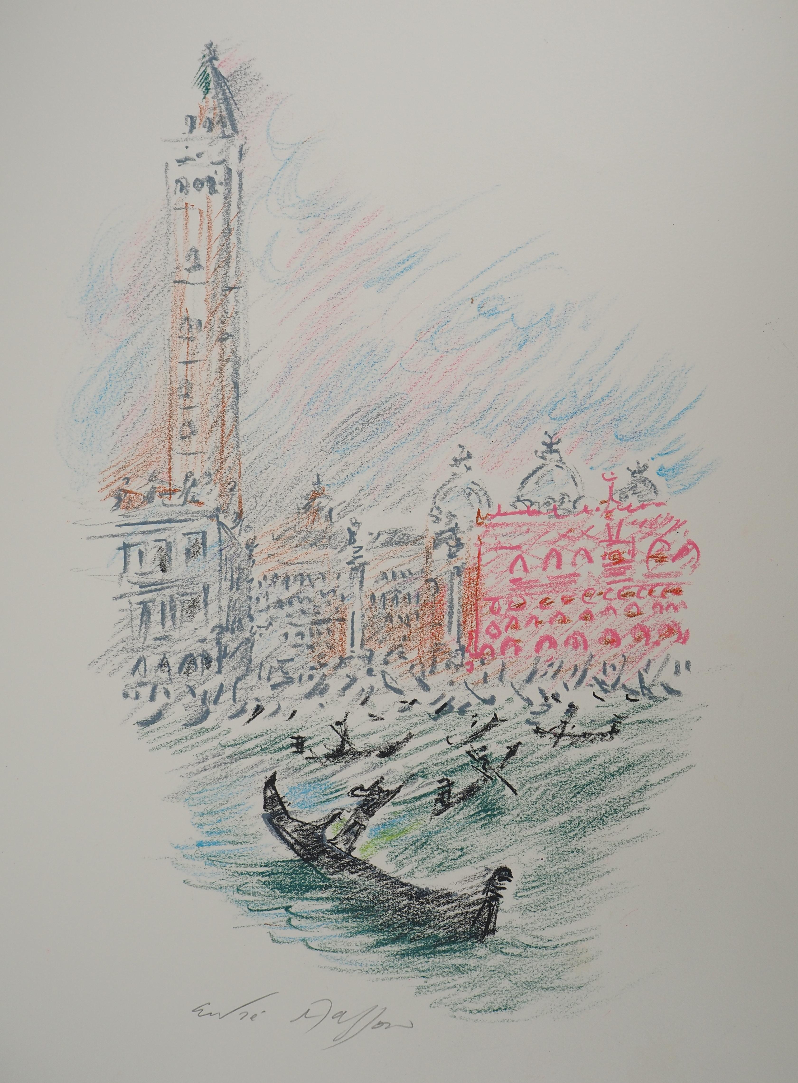 Landscape Art de André Masson - Venecia : La Dársena de San Marcos con Góndola - Dibujo original firmado a mano