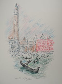 Venezia : Il Bacino di San Marco con la Gondola - Disegno originale firmato a mano