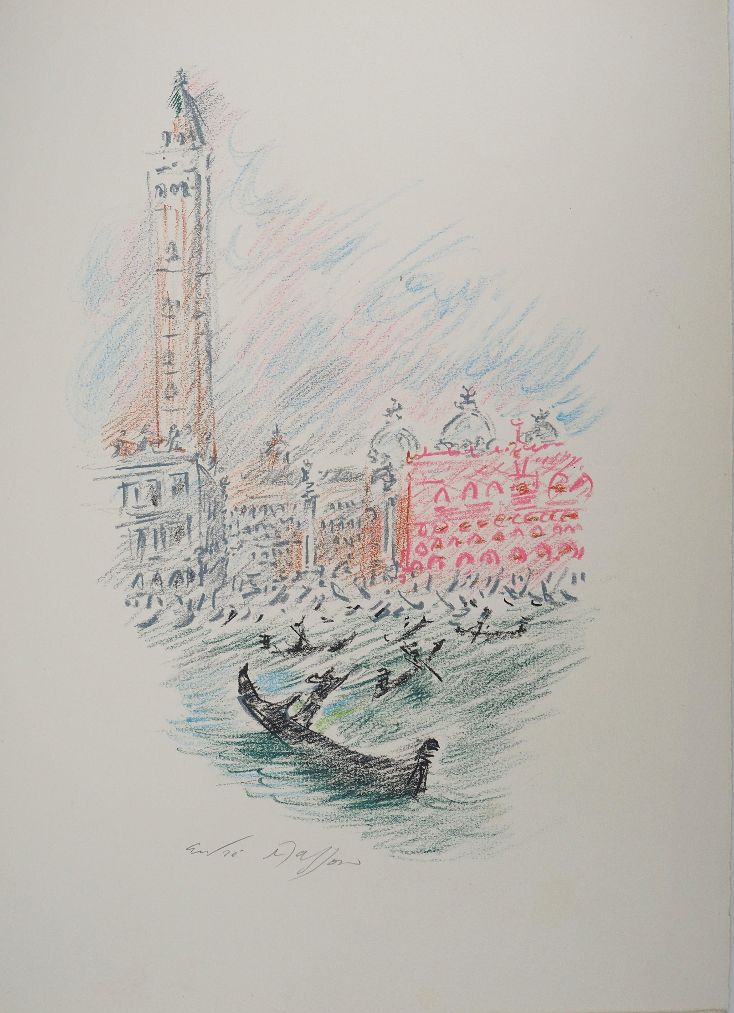Venecia : La Dársena de San Marcos con Góndola - Dibujo original firmado a mano - Art Moderno de André Masson