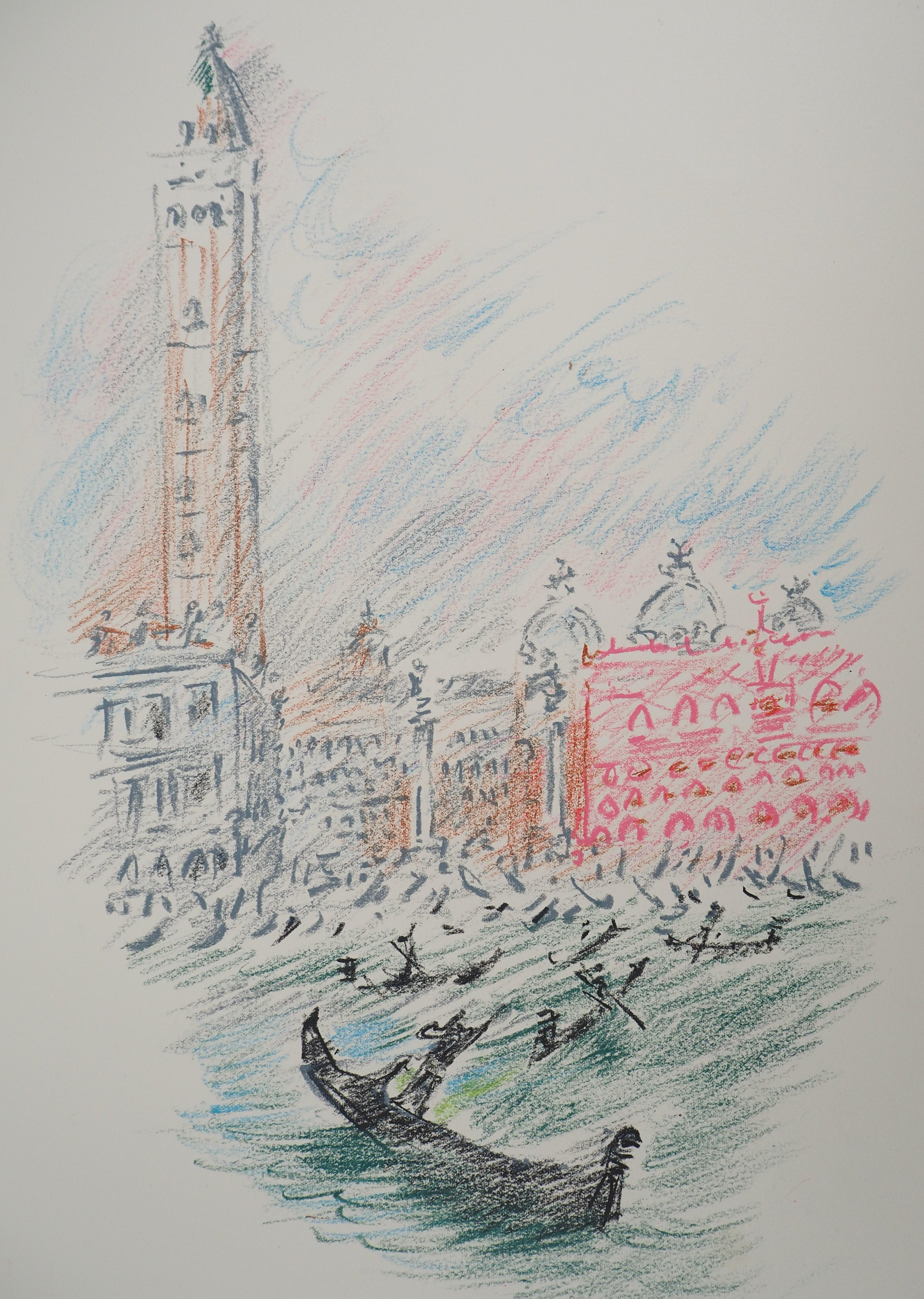 Venecia : La Dársena de San Marcos con Góndola - Dibujo original firmado a mano - Landscape Art Gris de André Masson
