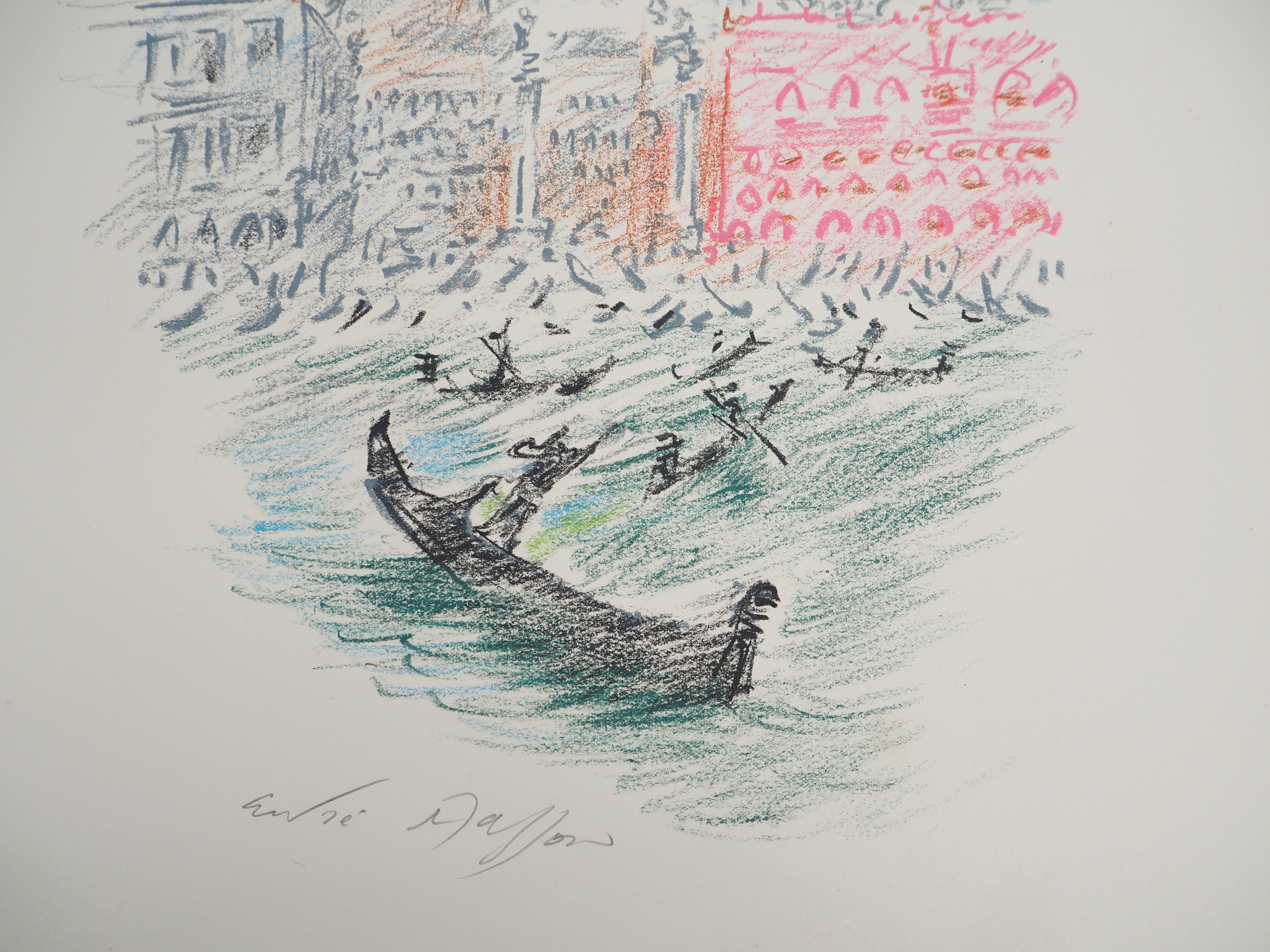 Venecia : La Dársena de San Marcos con Góndola - Dibujo original firmado a mano en venta 1