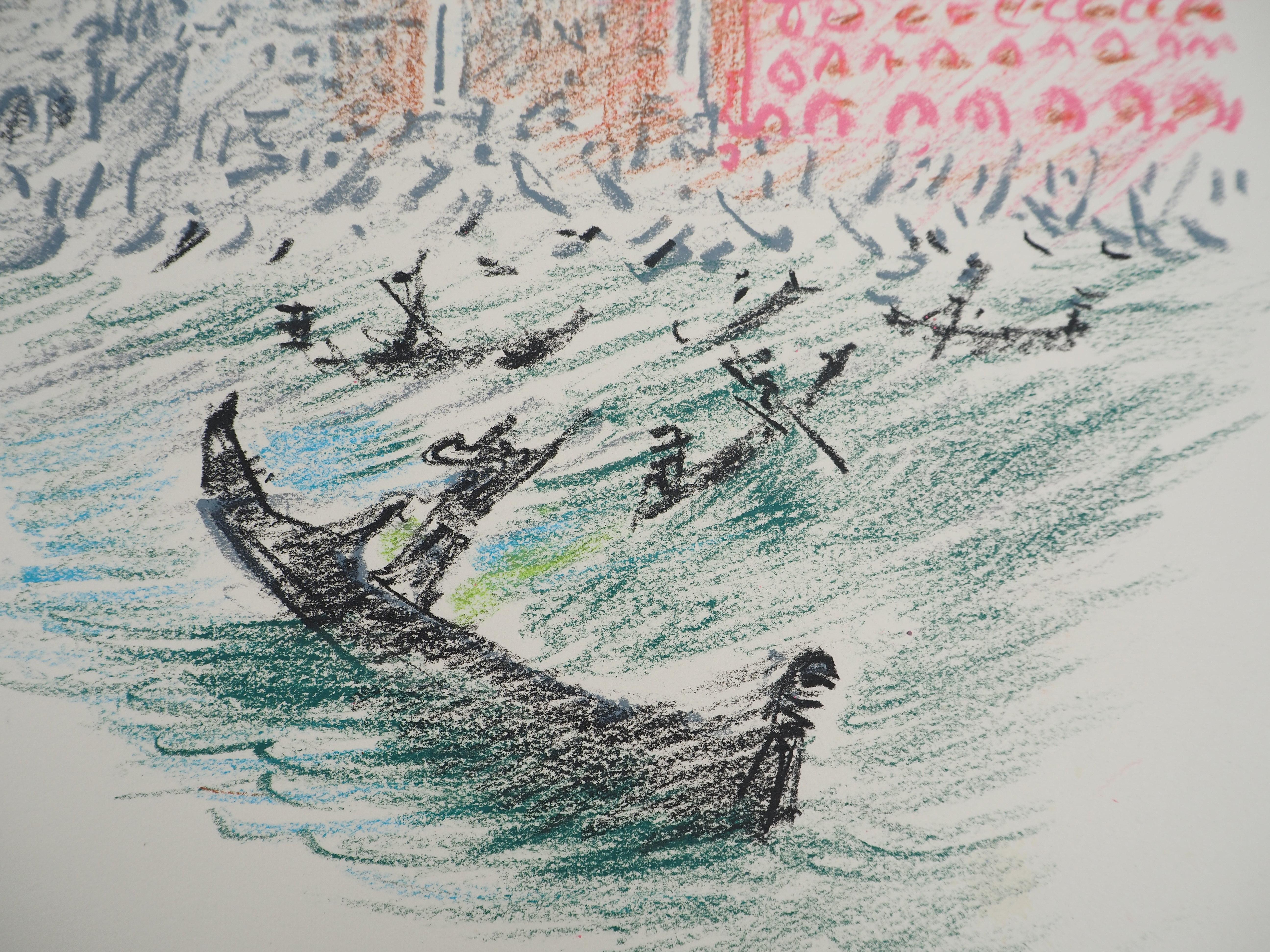 Venecia : La Dársena de San Marcos con Góndola - Dibujo original firmado a mano en venta 2