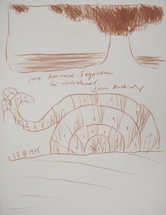 Amonita y volcán en erupción - Dibujo original firmado a mano