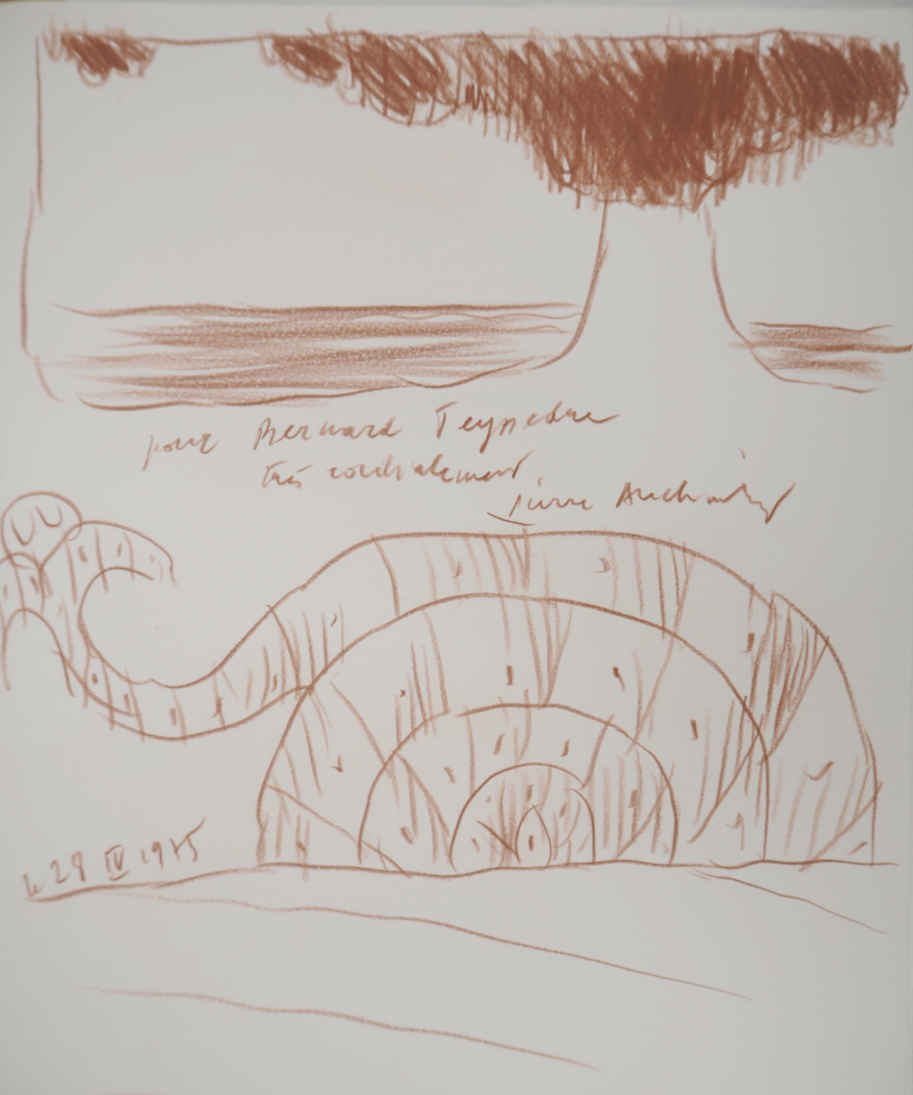 Amonita y volcán en erupción - Dibujo original firmado a mano - Art de Pierre Alechinsky 