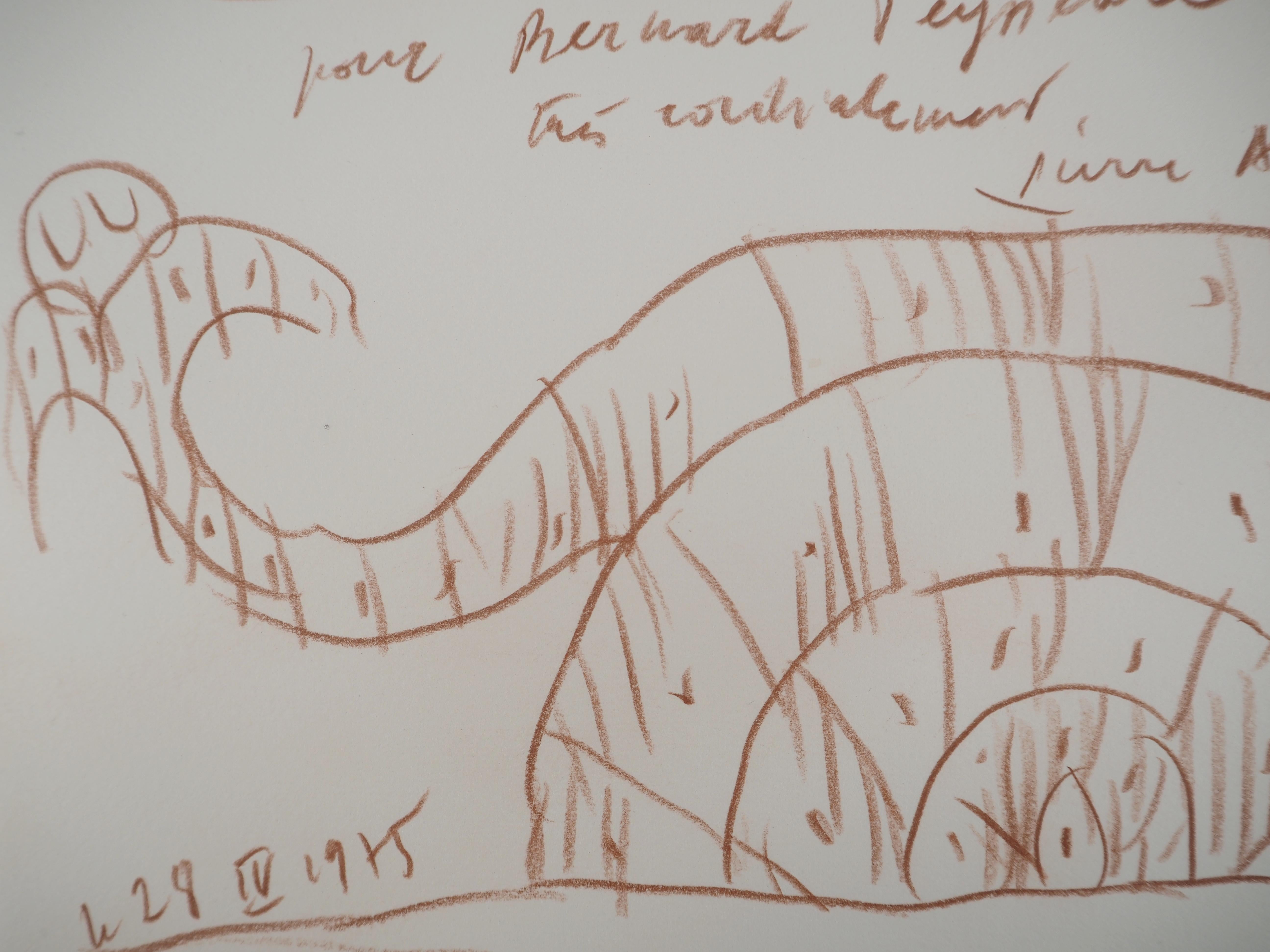 Amonita y volcán en erupción - Dibujo original firmado a mano - Abstract Drawing Gris de Pierre Alechinsky 