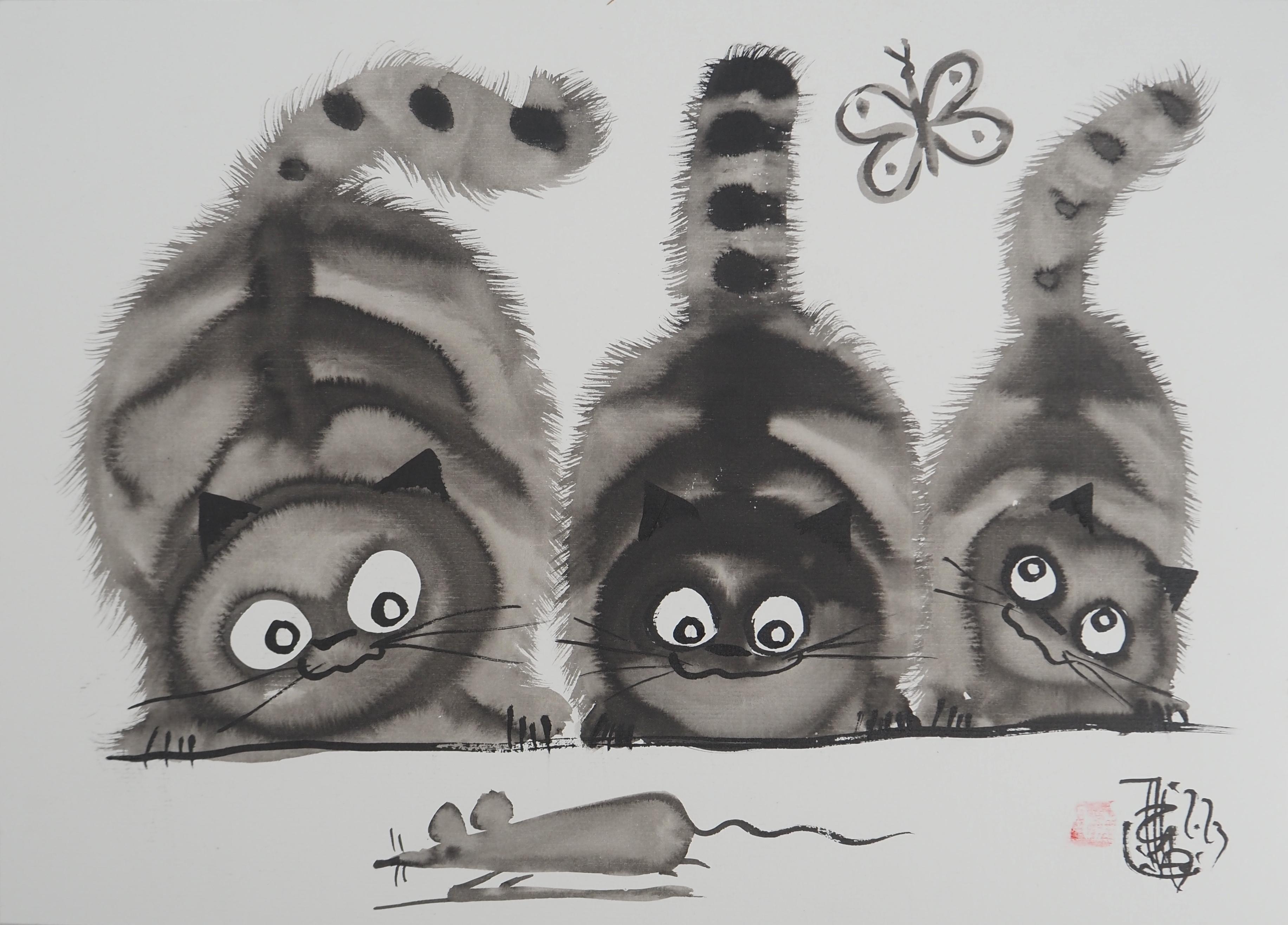 Animal Art di Laszlo Tibay - Gatti e farfalle - Disegno ad inchiostro originale firmato con la mano