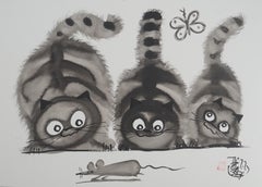 Gatti e farfalle - Disegno ad inchiostro originale firmato con la mano