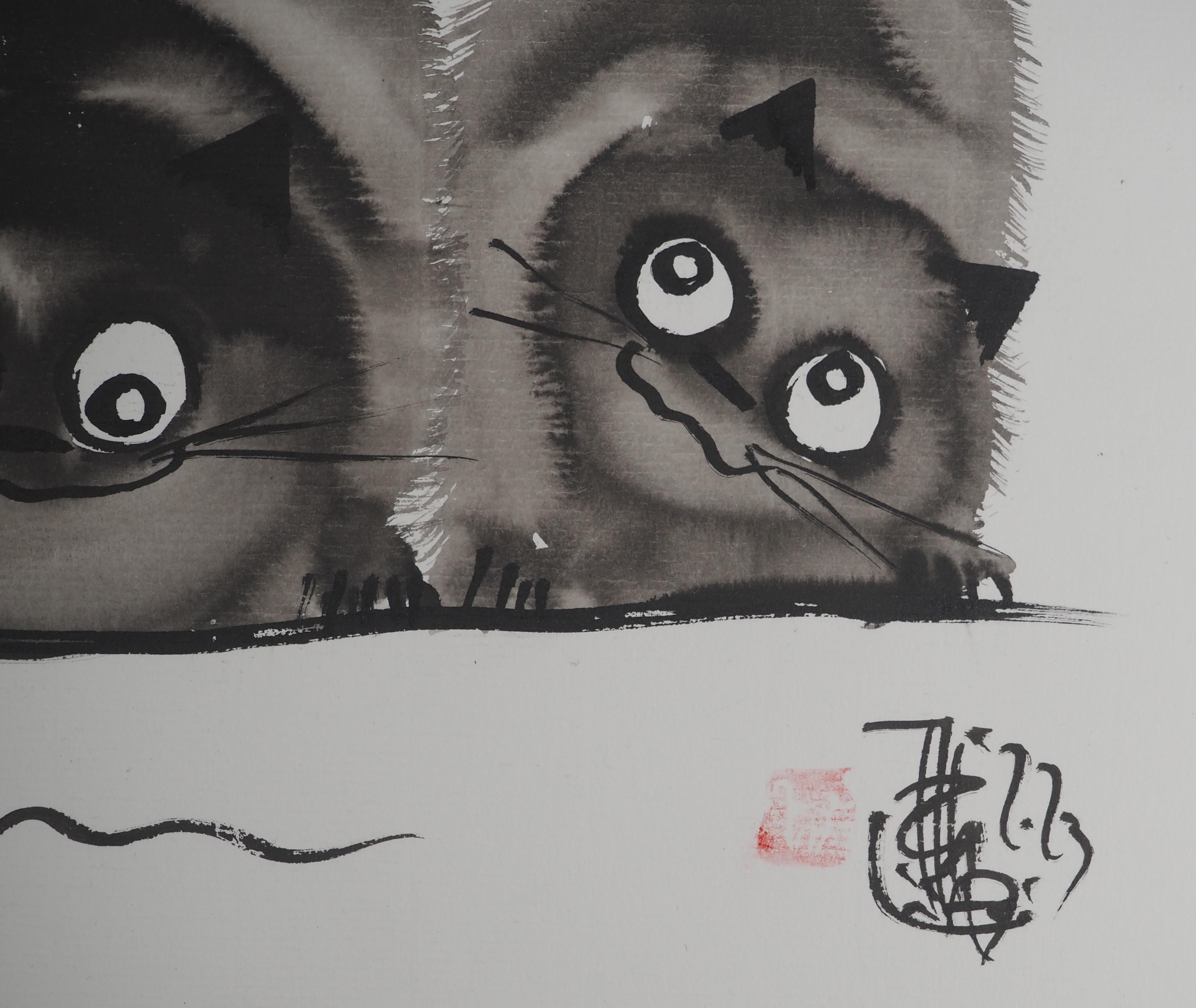 Gatti e farfalle - Disegno ad inchiostro originale firmato con la mano - Art di Laszlo Tibay