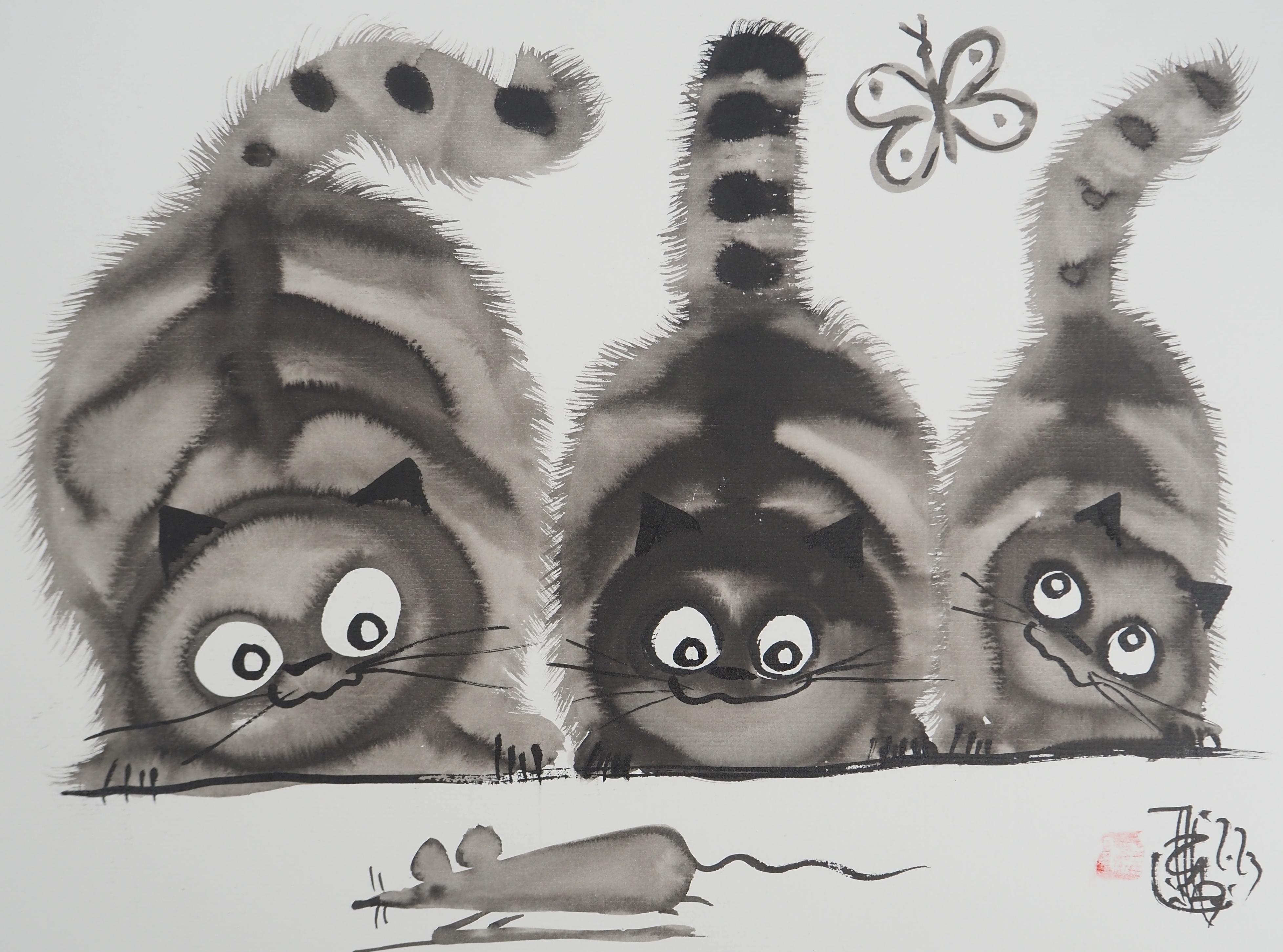 Gatti e farfalle - Disegno ad inchiostro originale firmato con la mano - Art Moderno di Laszlo Tibay