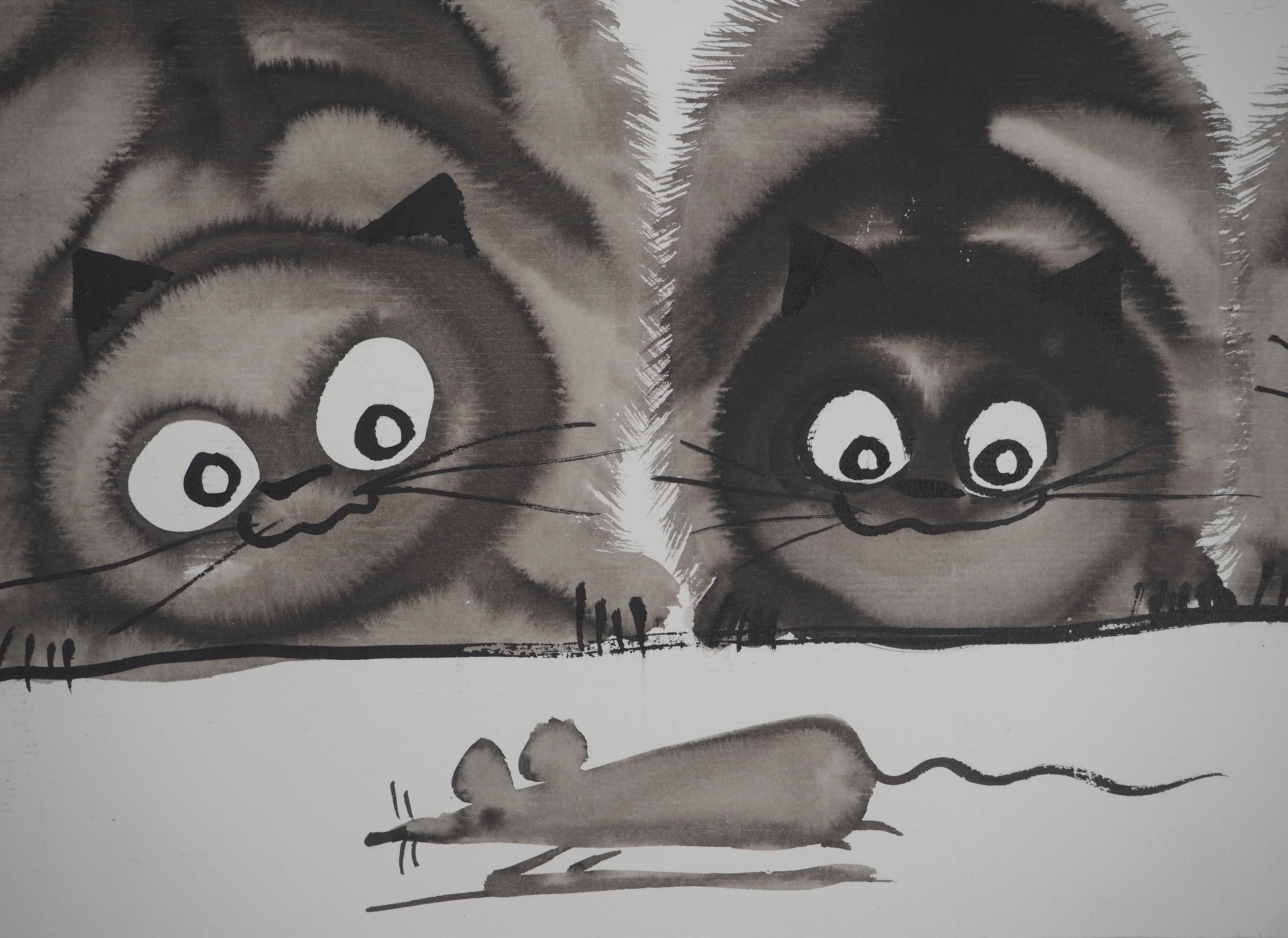 Gatti e farfalle - Disegno ad inchiostro originale firmato con la mano - Animal Art Grigio di Laszlo Tibay