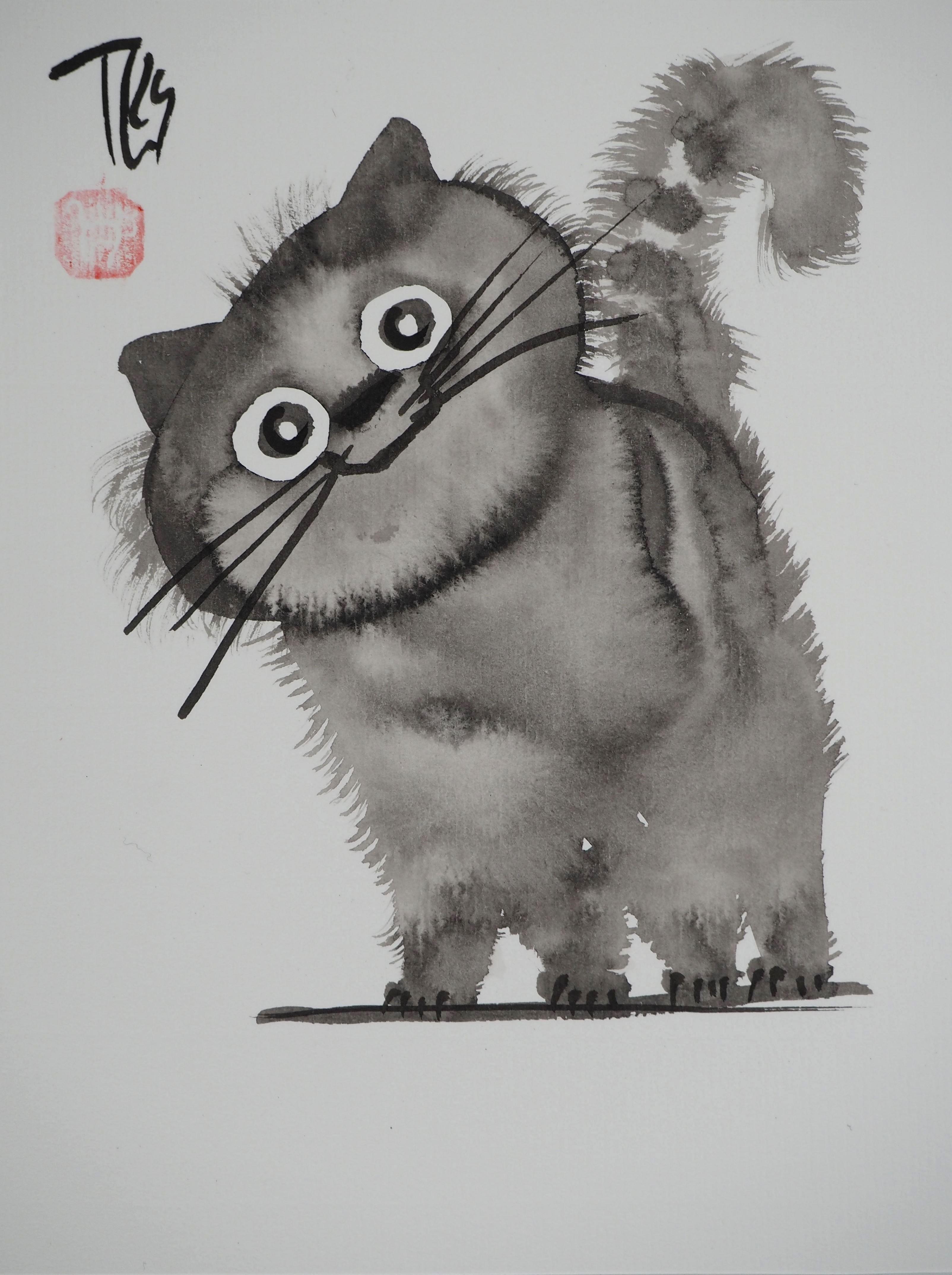 Laszlo Tibay Animal Art - The Smiling Kitten - Handsigned Original Ink Drawing
