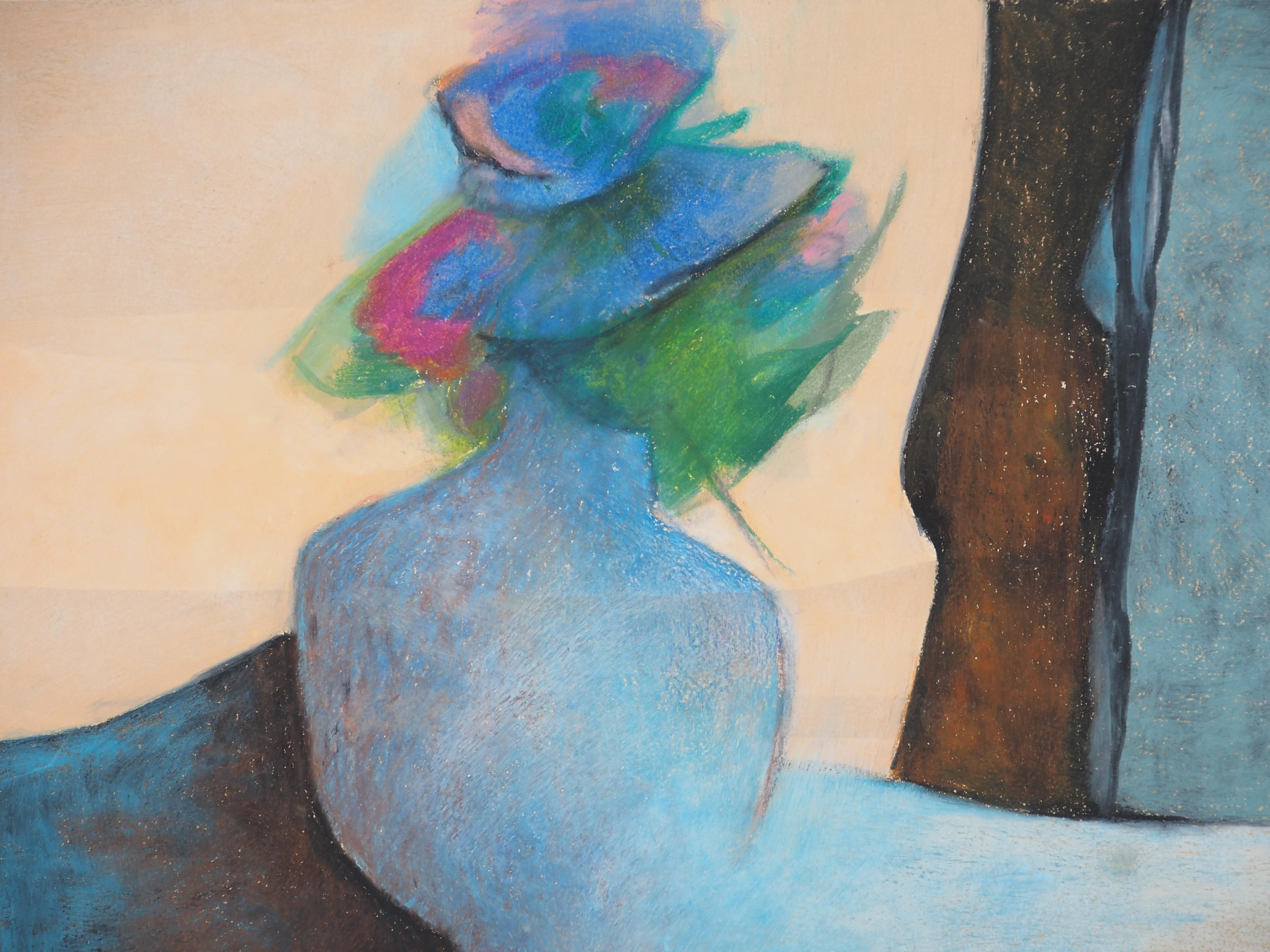 Composición Azul y Rosa : Ramo Surrealista- Pastel Original Firmado a Mano - Still-Life Gris de Claude Gaveau
