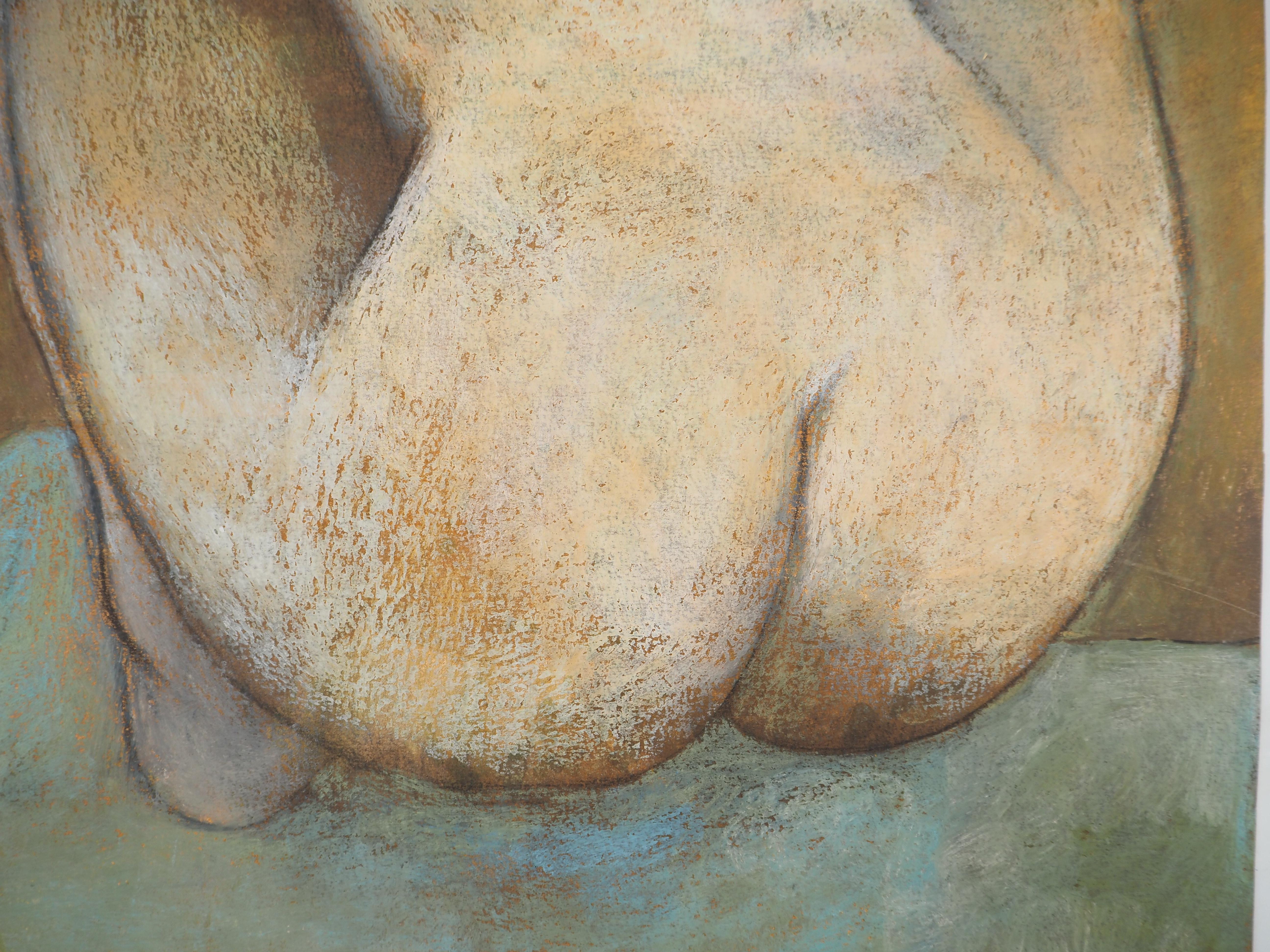 Mujer desnuda de espaldas - Dibujo original al pastel firmado a mano en venta 1
