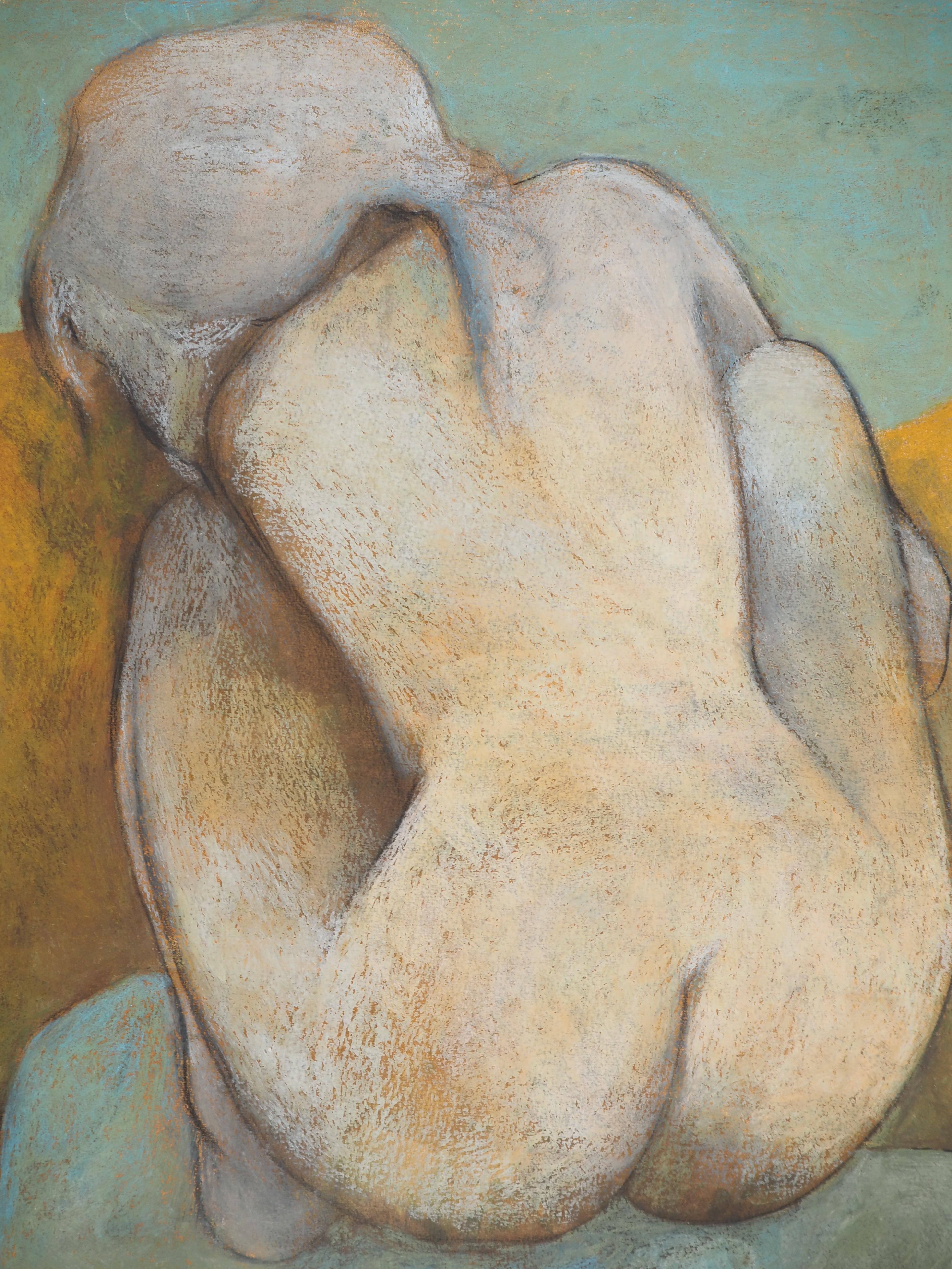 Mujer desnuda de espaldas - Dibujo original al pastel firmado a mano - Nude Marrón de Claude Gaveau