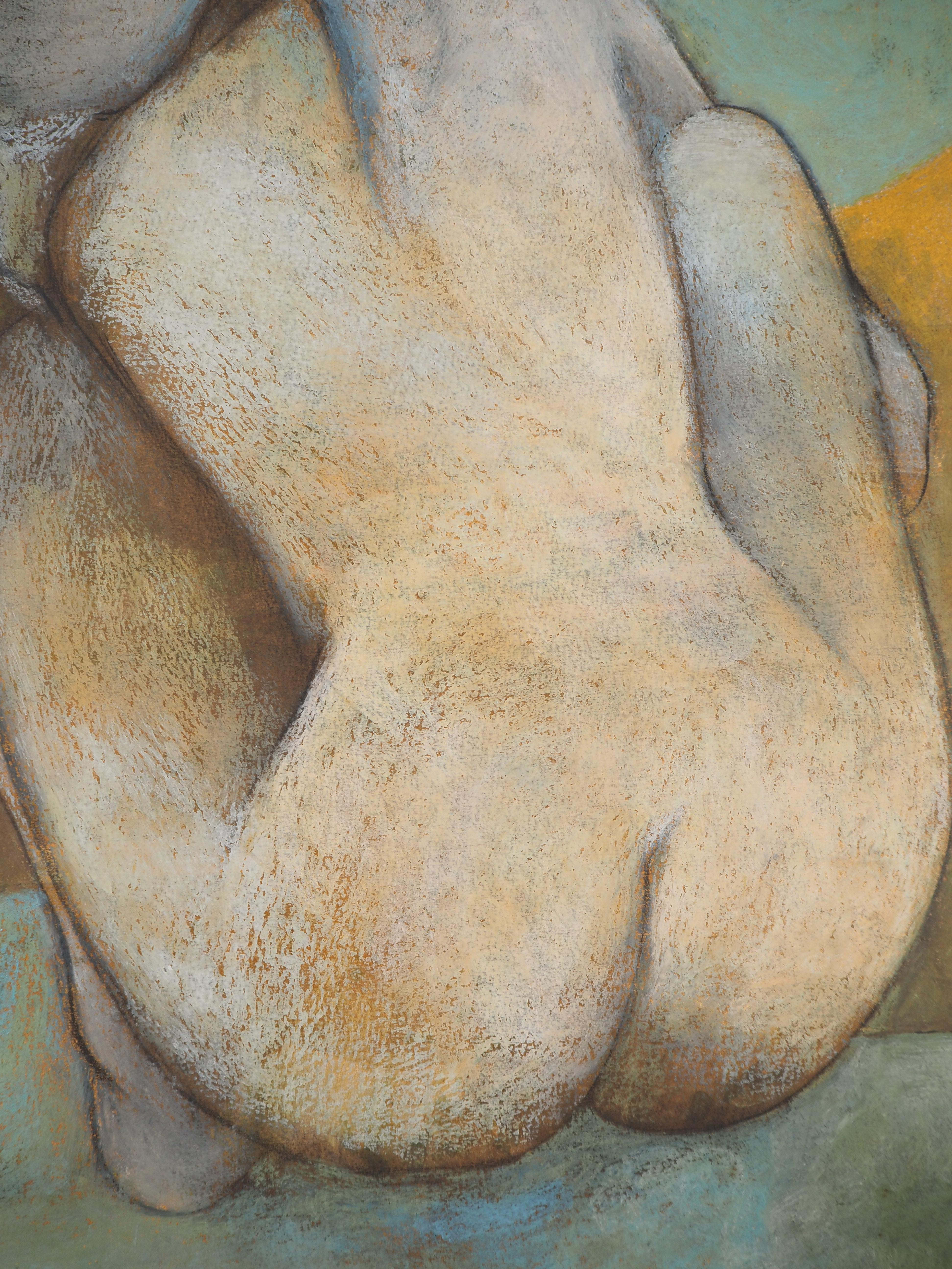 Mujer desnuda de espaldas - Dibujo original al pastel firmado a mano en venta 2