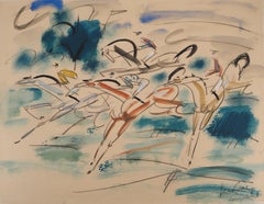 Longchamps : La corsa dei cavalli - Acquerello originale, firmato a mano