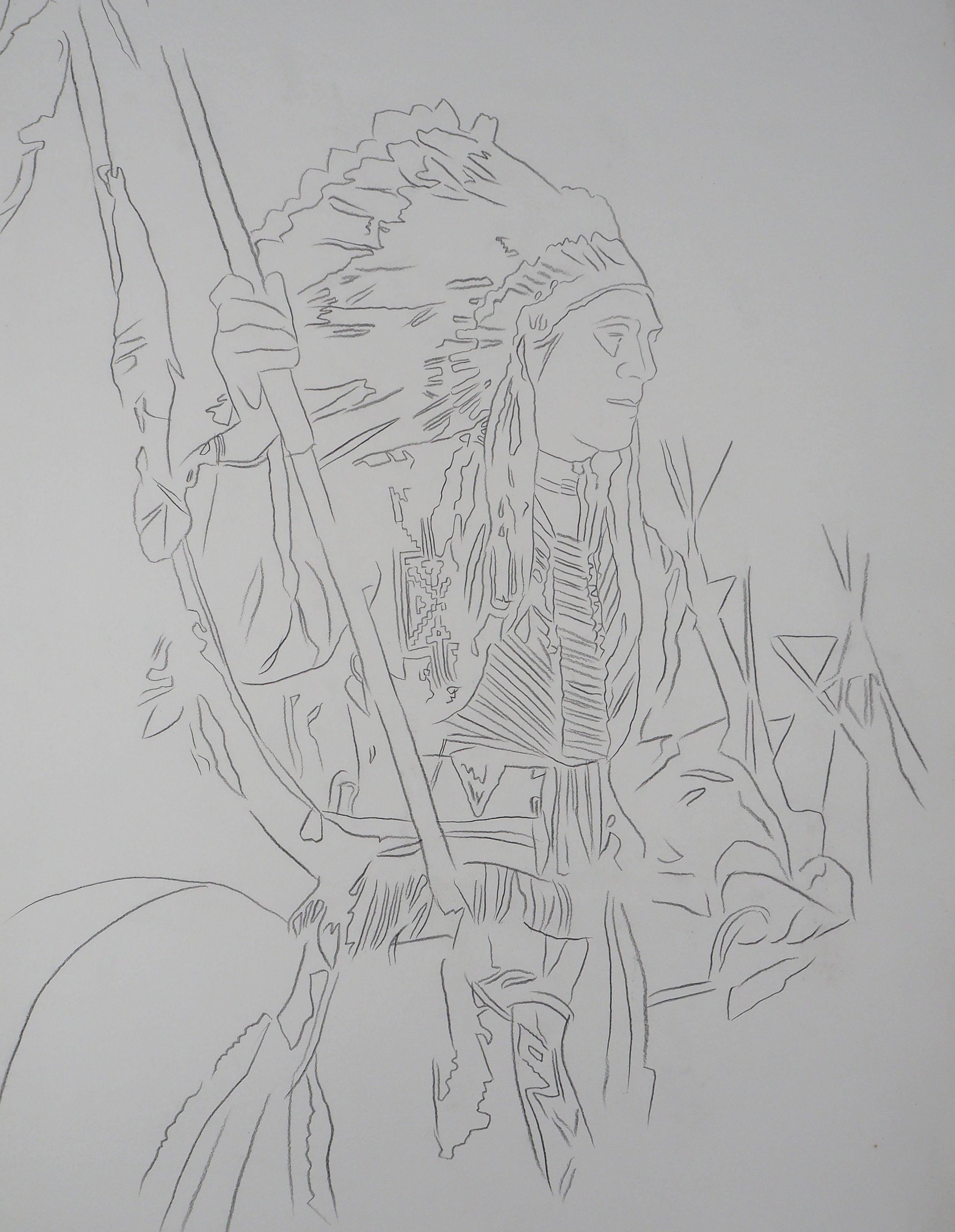 Indio : Bonete de guerra - Dibujo original a lápiz (Warhol Foundation #73.001) - Art Arte pop de Andy Warhol