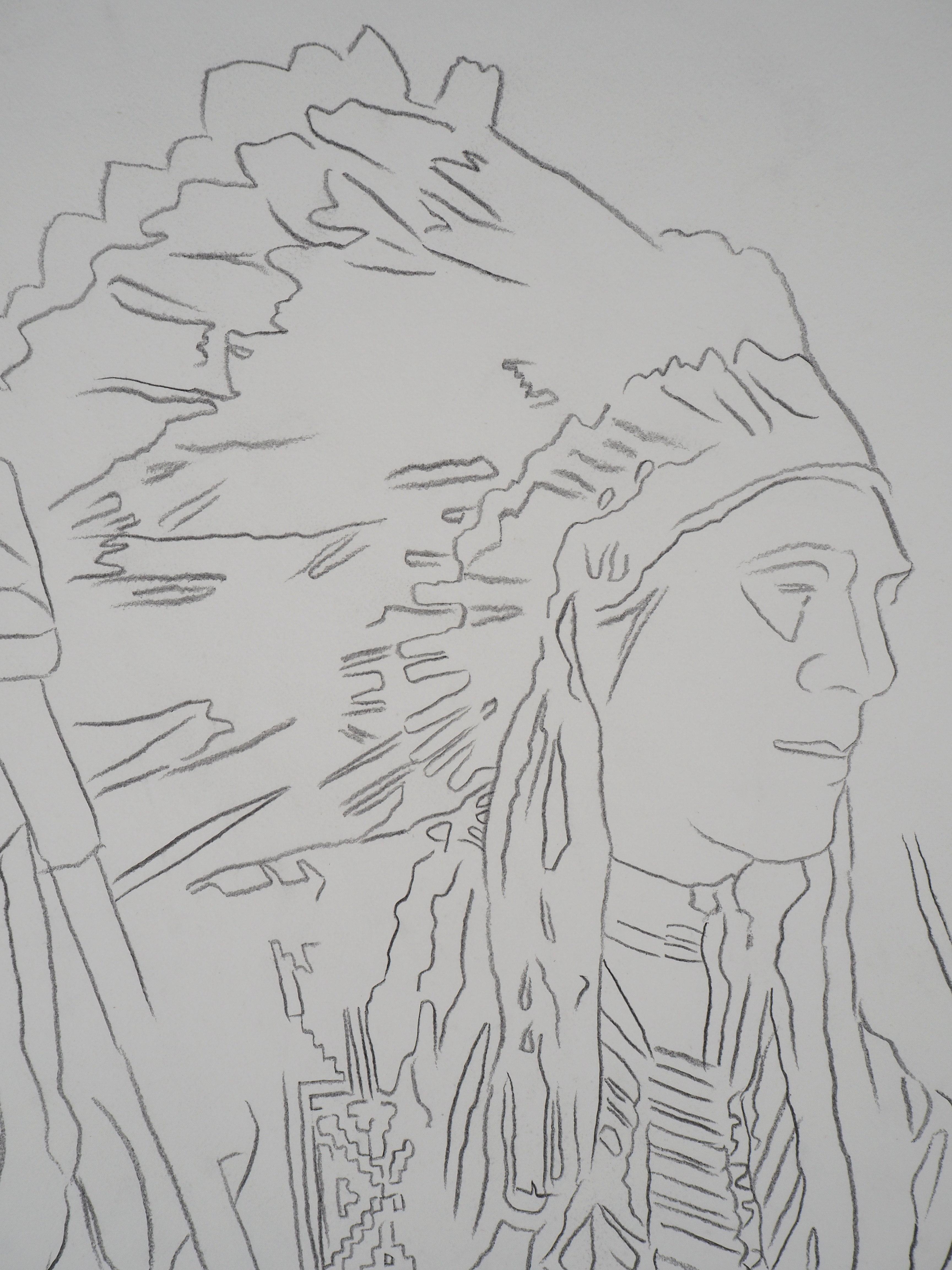Indio : Bonete de guerra - Dibujo original a lápiz (Warhol Foundation #73.001) en venta 1