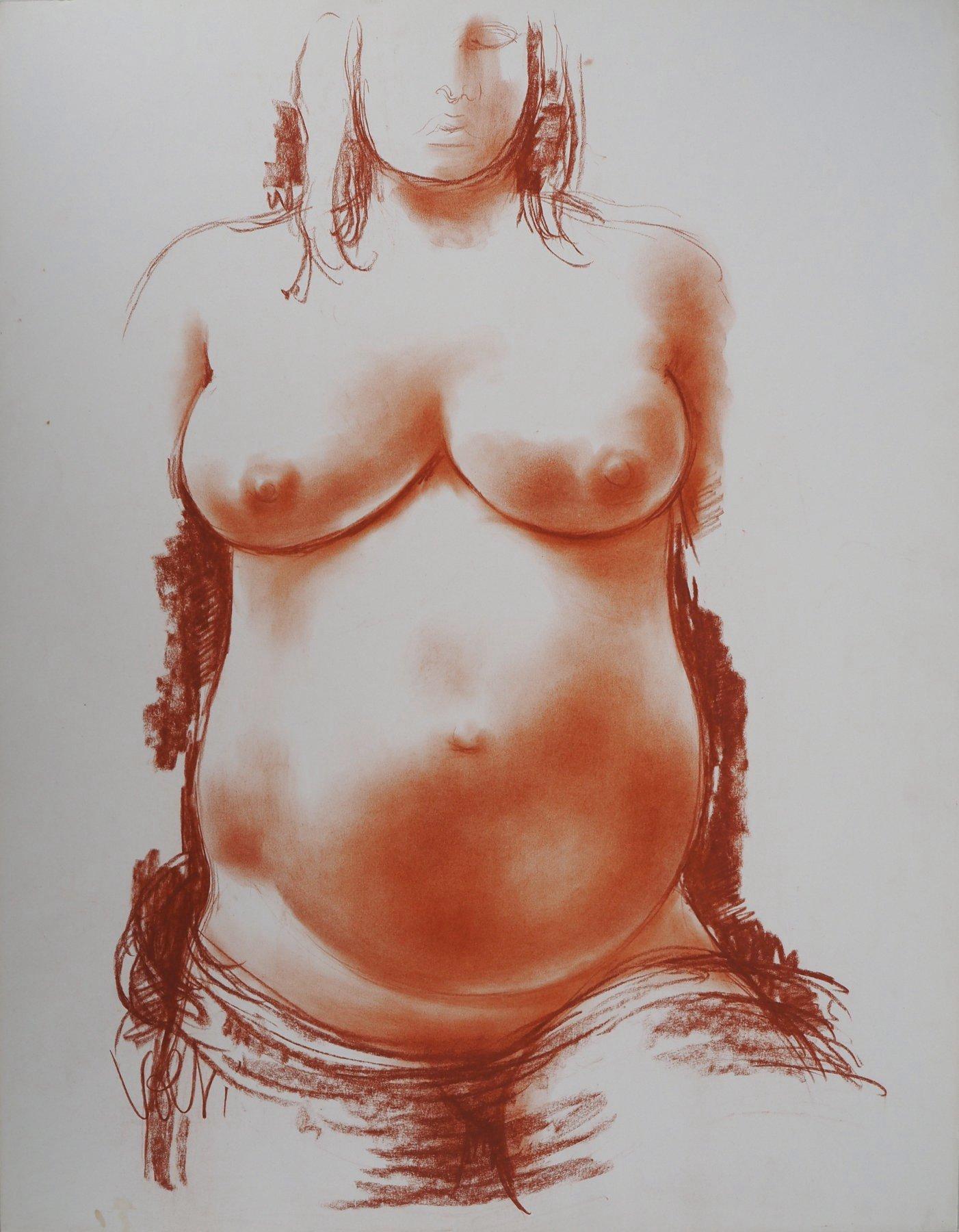 Maternità: Donna incinta - Disegno originale firmato a mano in sanguigna - Art di Antoniucci Volti