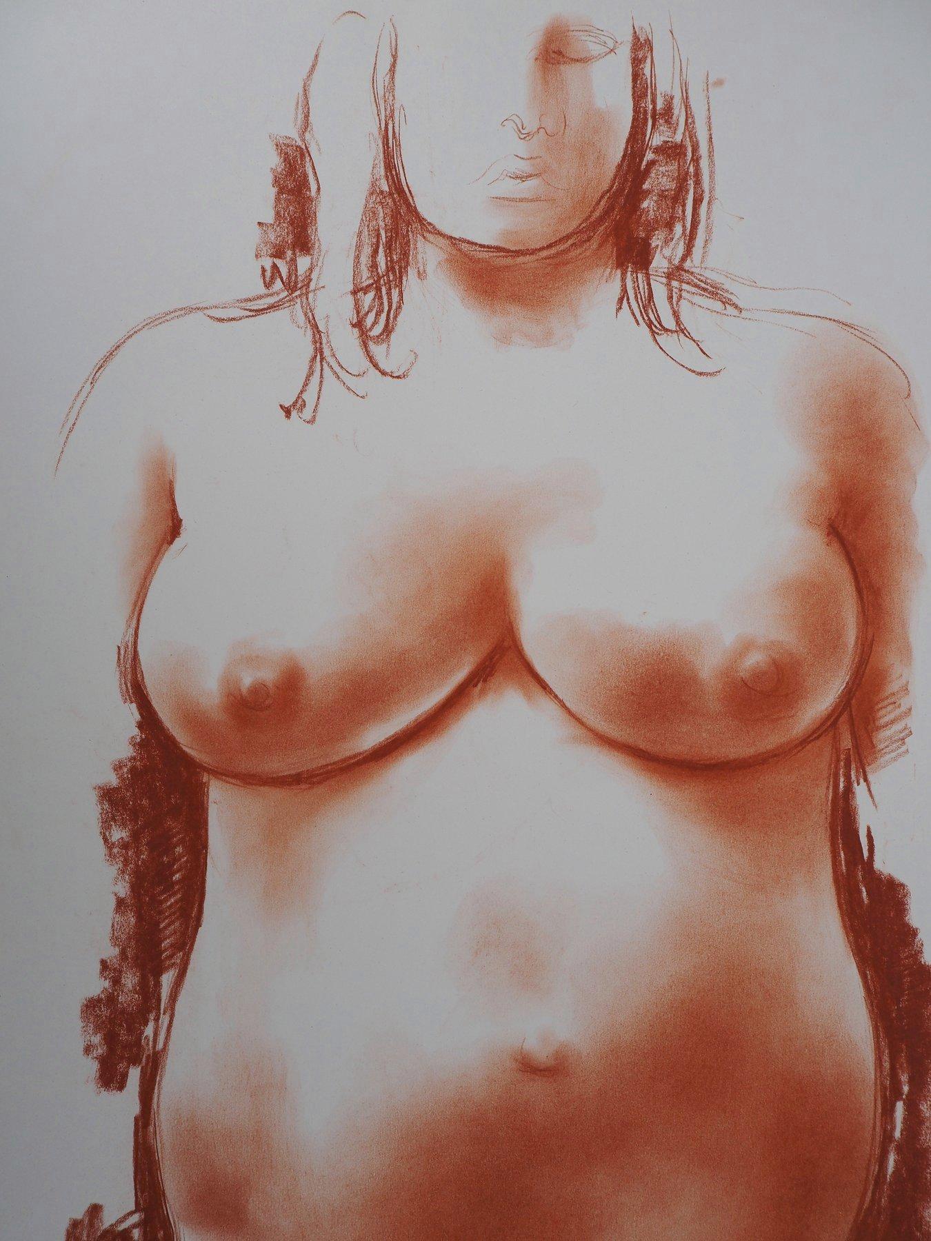 Maternità: Donna incinta - Disegno originale firmato a mano in sanguigna - Nude Grigio di Antoniucci Volti