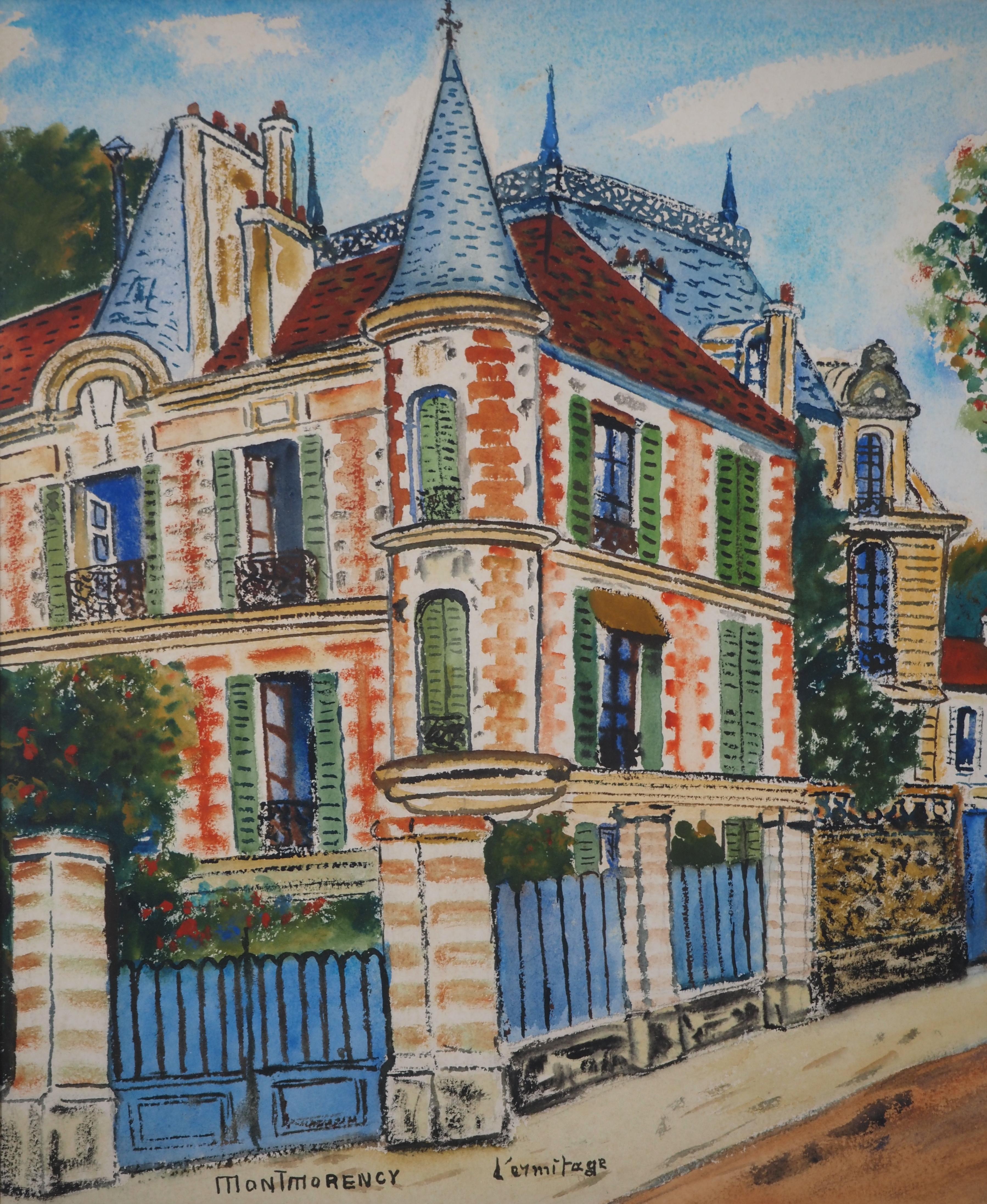 Elisée MACLET
Château de Montmorency

Aquarelle et gouache originales
Signé en bas à gauche
Sur vélin, 43 x 57 cm (17 x 22,5 in) visible
Présenté dans un cadre baguette doré de 64 x 78 cm (25 x 31 in)

INFORMATION : Le petit château, aujourd'hui