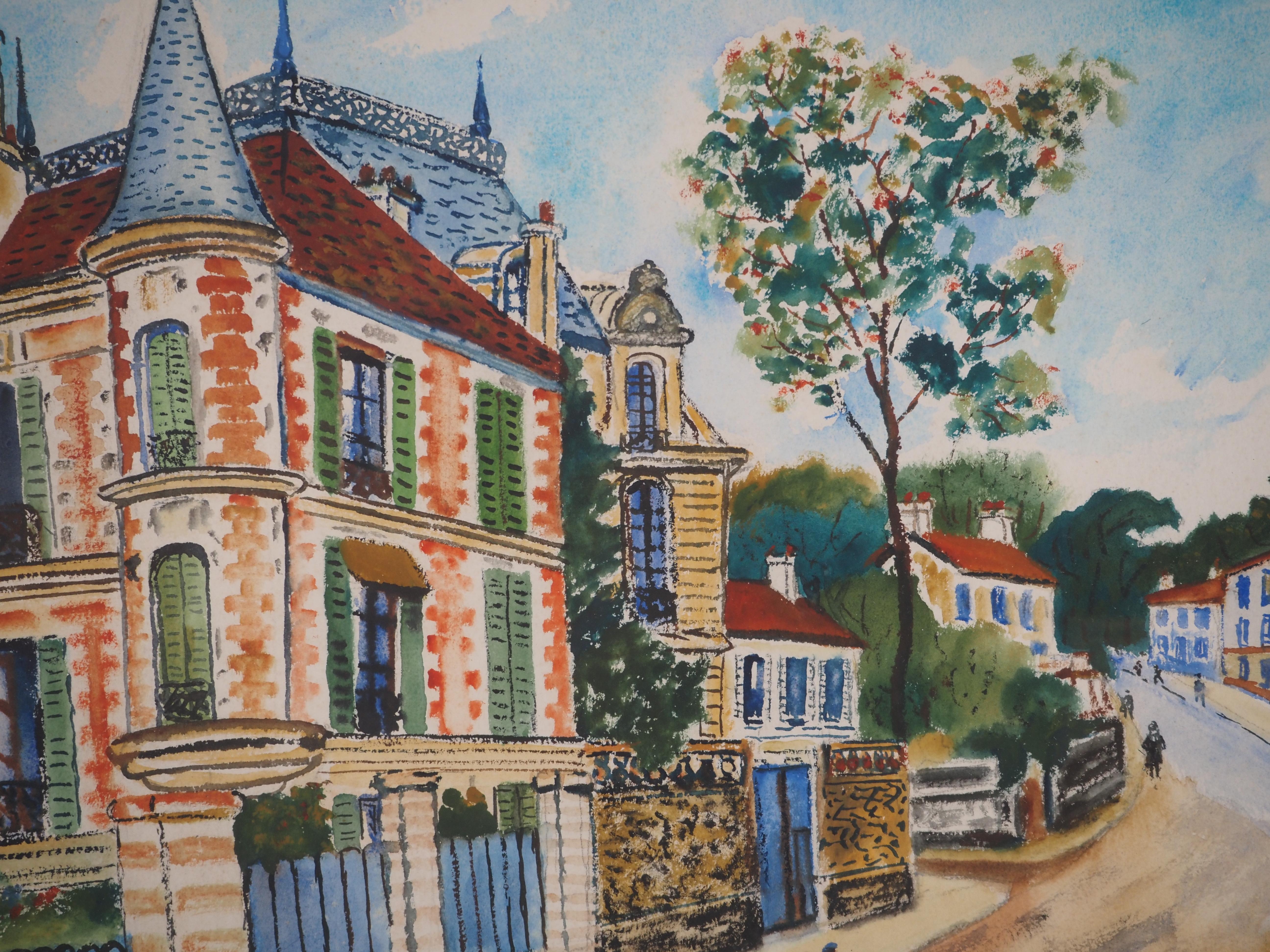 Montmorency : Château de ROUSSEAU - Aquarelle originale - Signée - Gris Landscape Art par Elisée Maclet