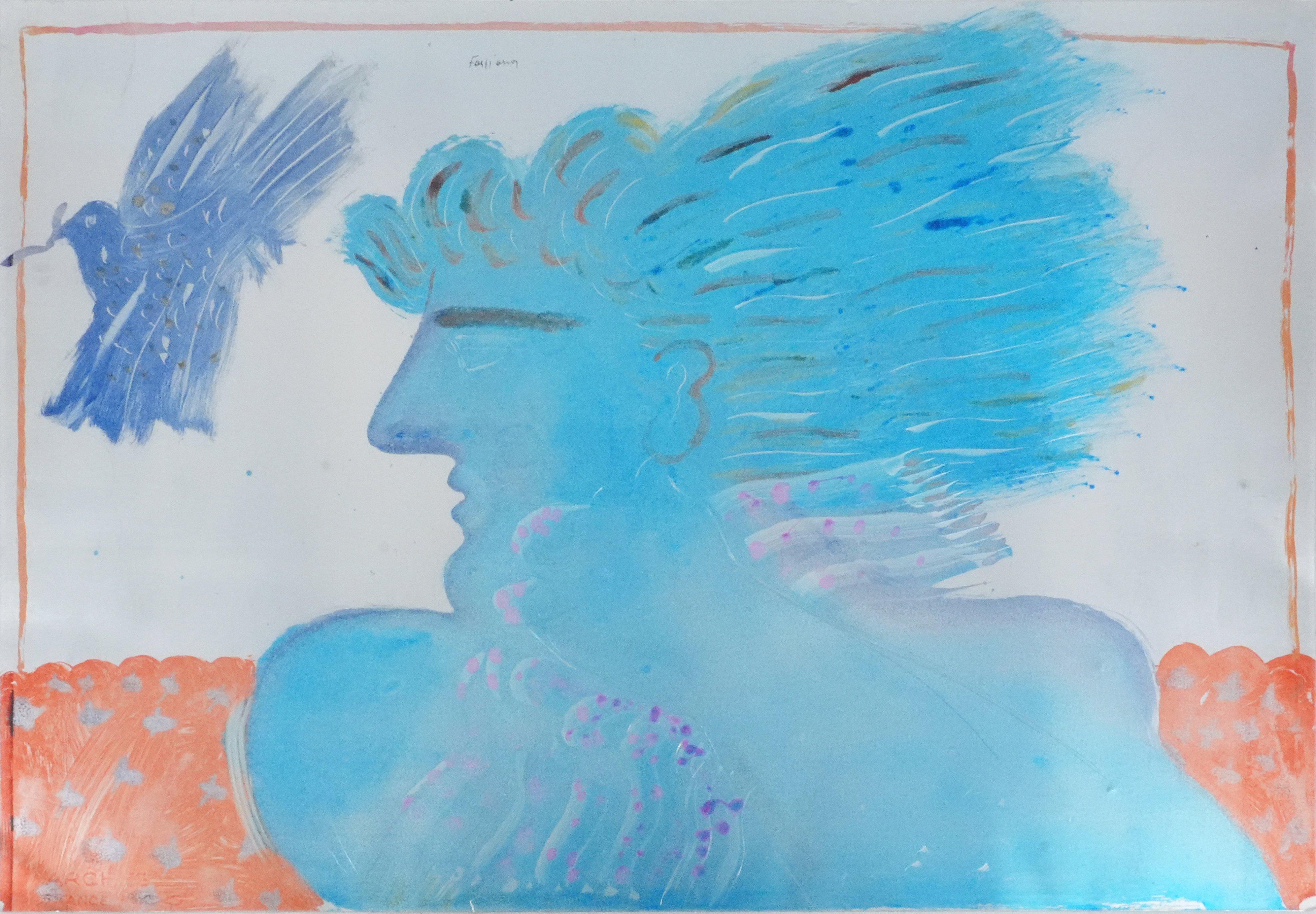Young man with his hair blowing in the wind - Handsigned Original Drawing