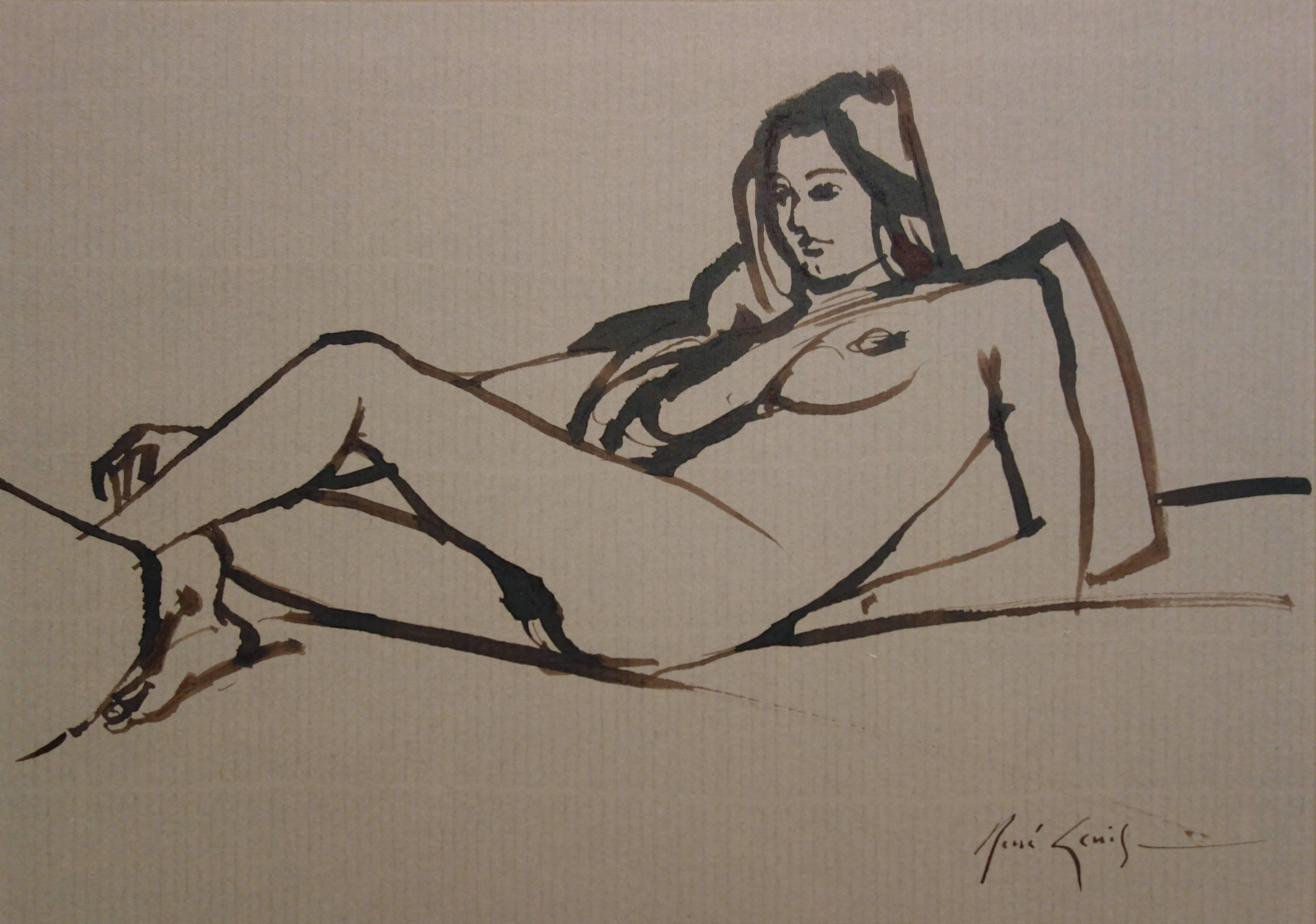 Reclining Nude - Original hansigned ink drawing - Art by René Genis