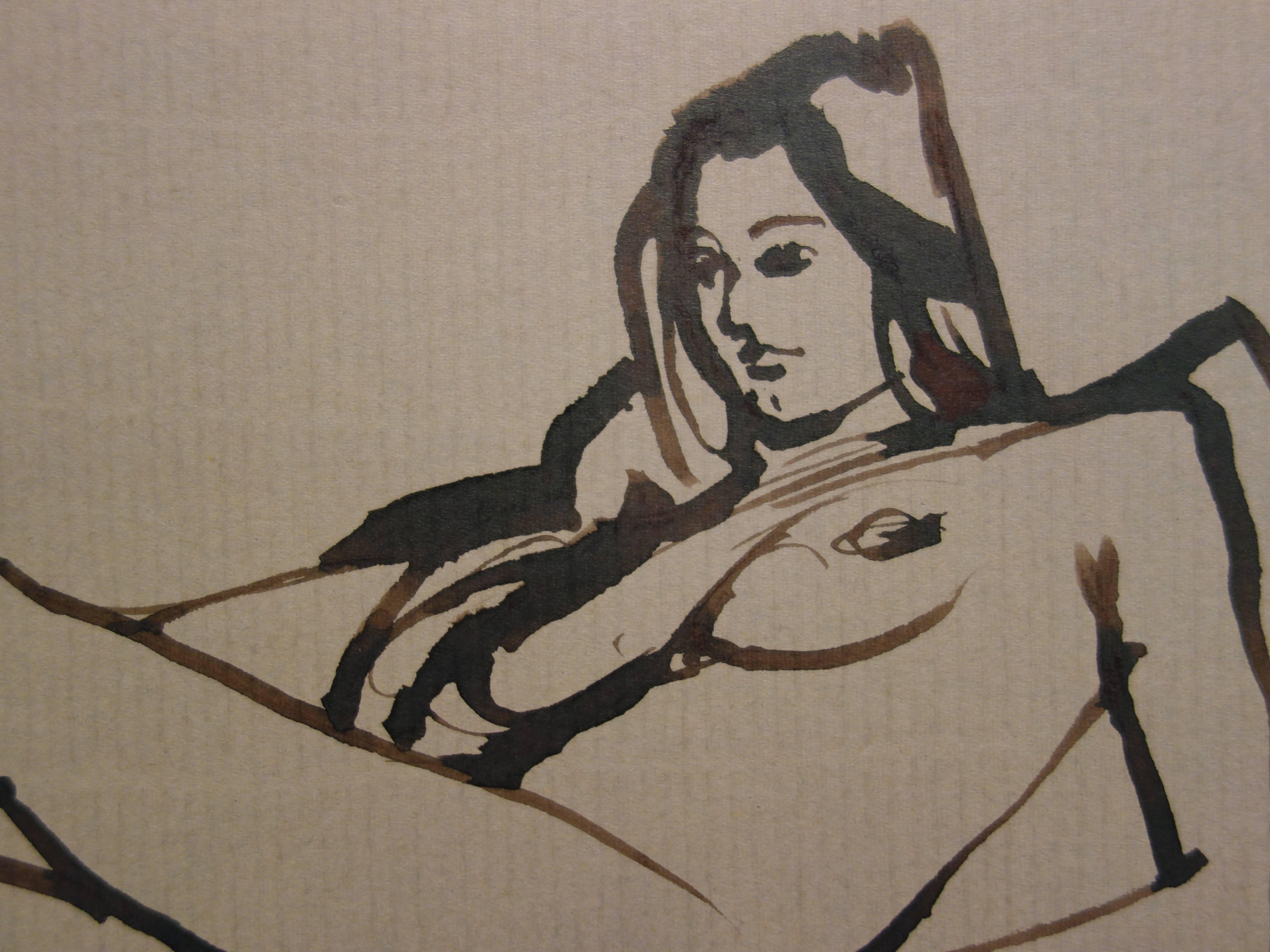 Reclining Nude - Original hansigned ink drawing For Sale 1