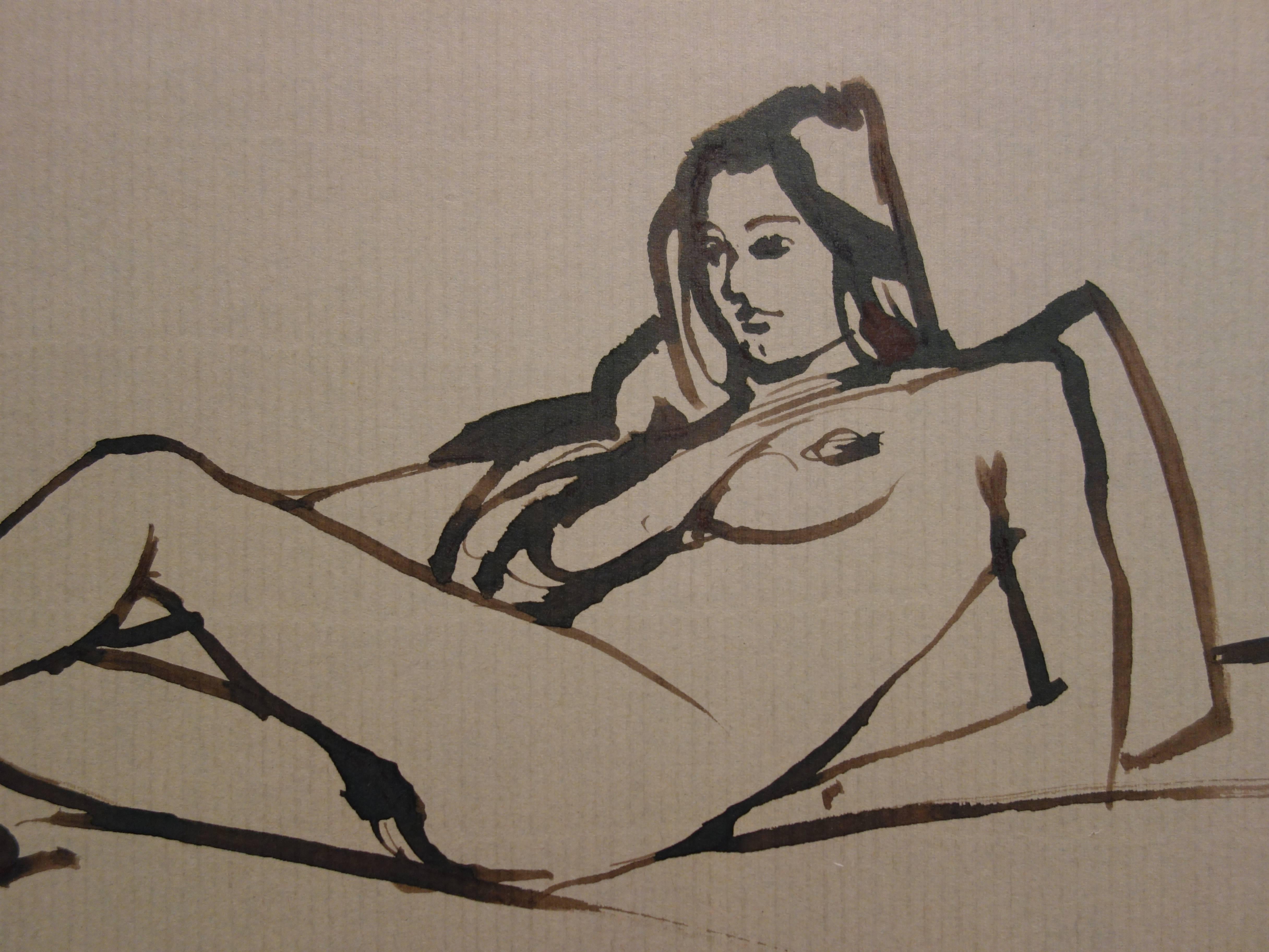 Rene GENIS (1922-2004)
Reclining Nude

Original ink and lavish drawing on light brown paper
Signed bottom right
21 x 30 cm (c. 8 x 12 inch)

Excellent condition