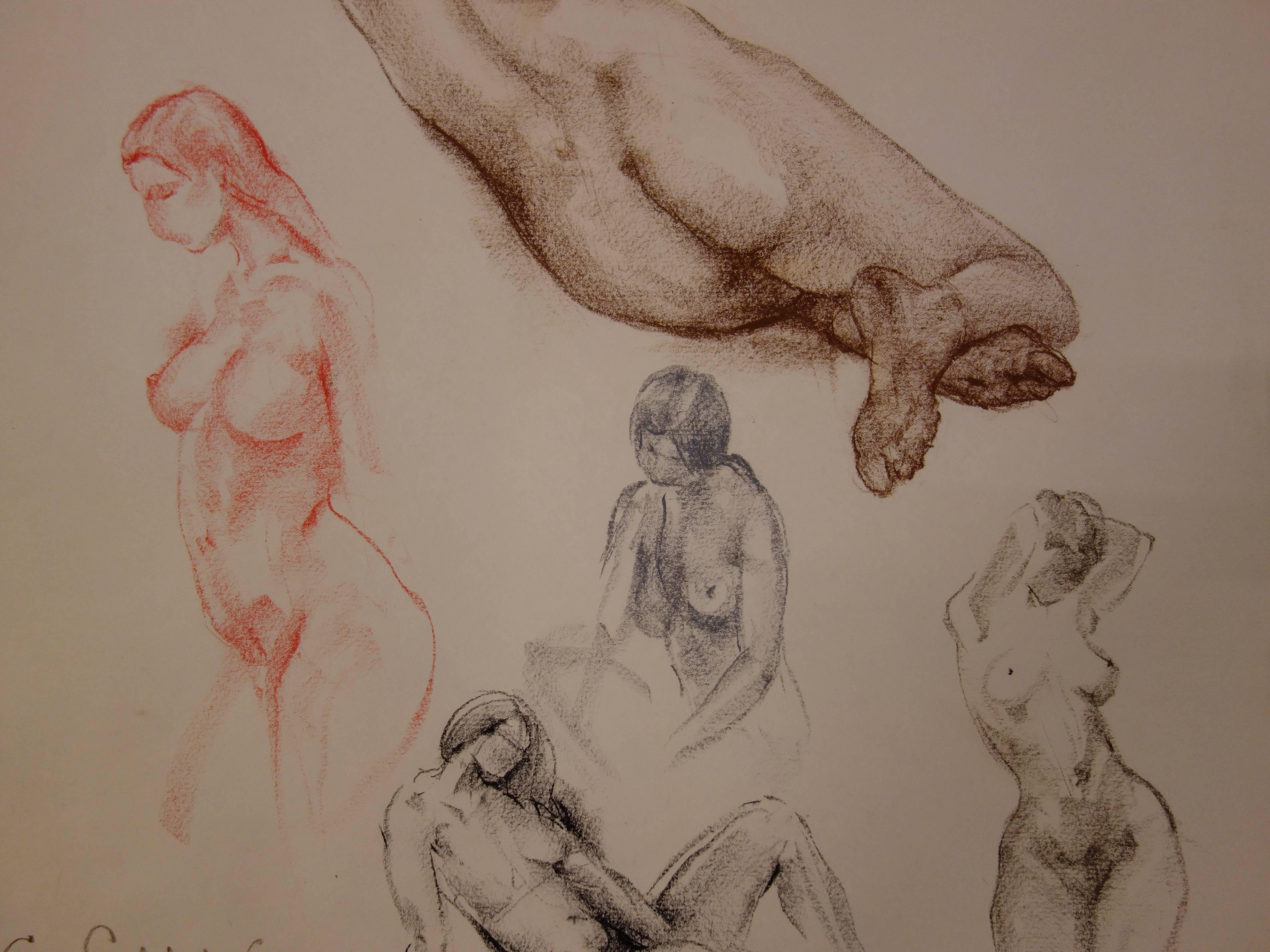 Studies of Juliet - Original signierte Kohlezeichnung (Braun), Nude, von Gaston Coppens