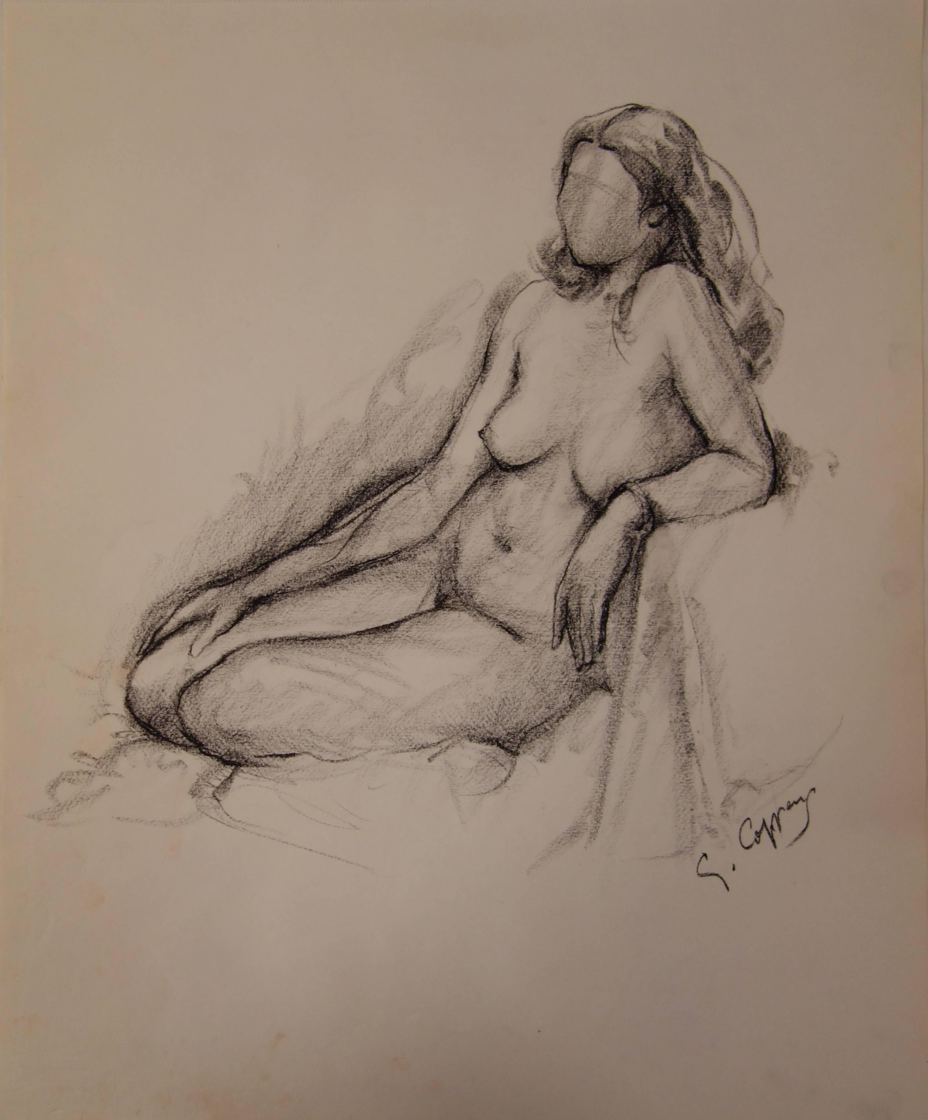 Nude on a Chair - Original signed charcoals drawing - Art by Gaston Coppens