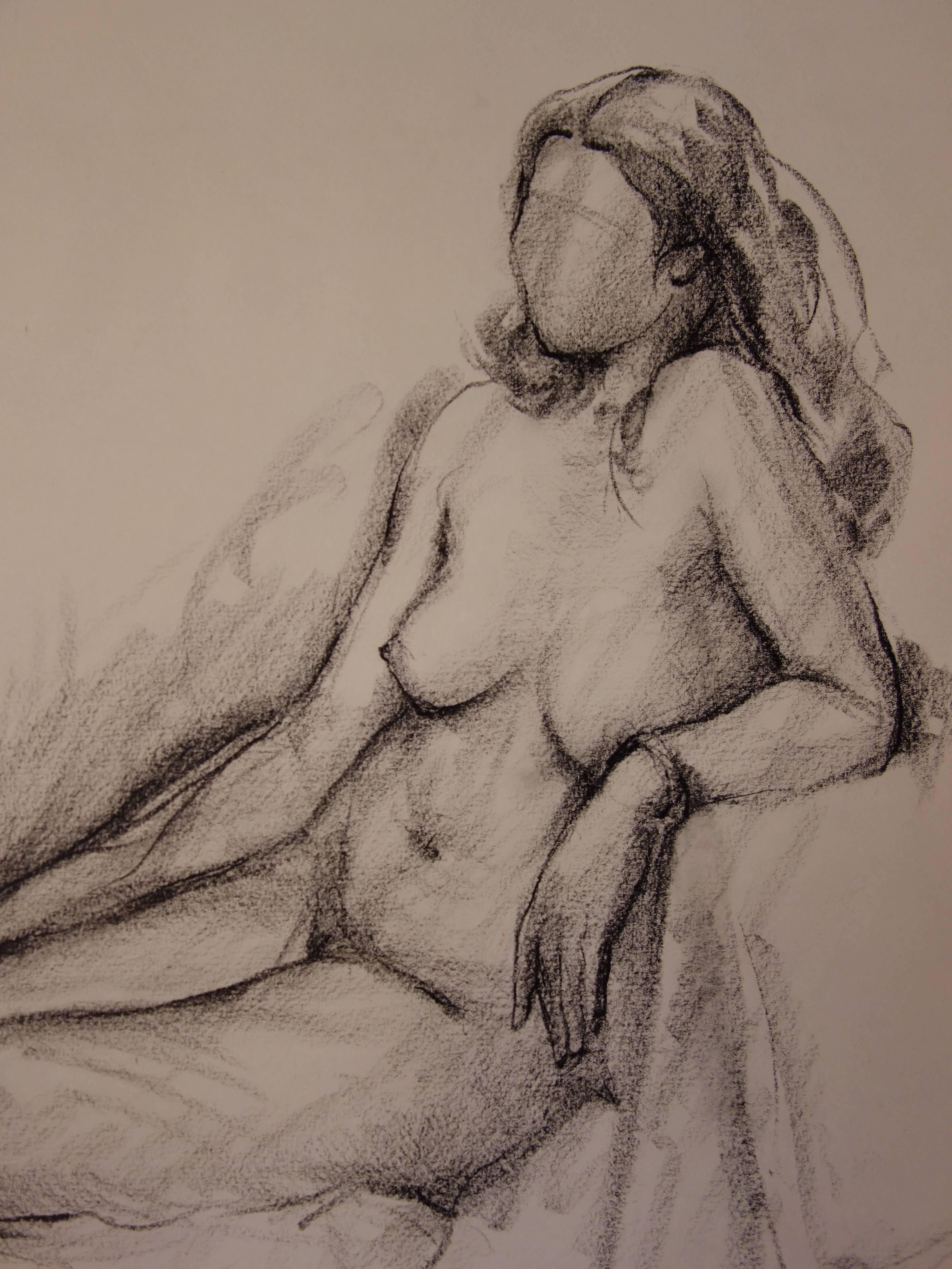 Nude on a Chair - Original signed charcoals drawing For Sale 1