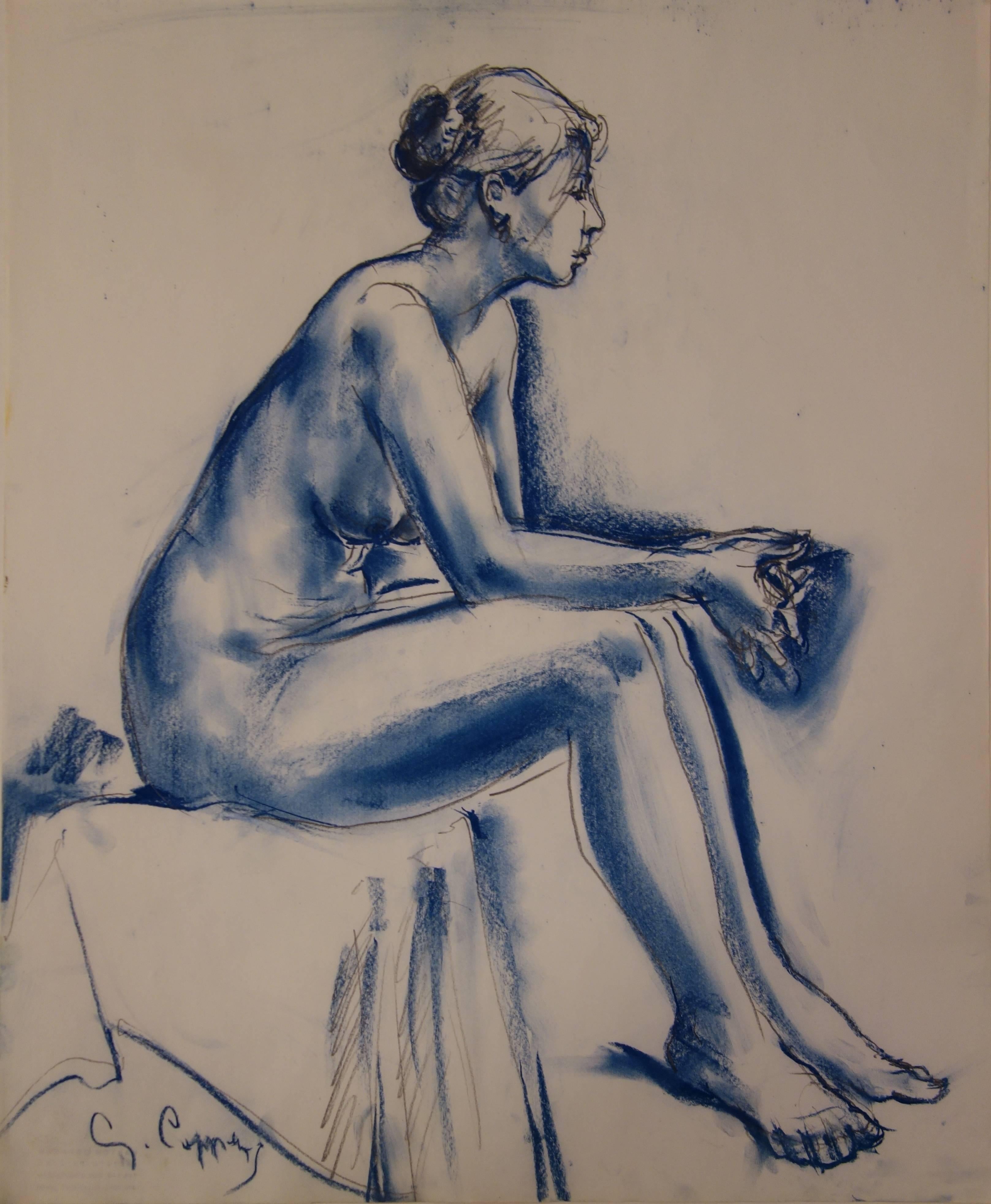 Blue Nude Ballerina - Original signed charcoals drawing - Art by Gaston Coppens