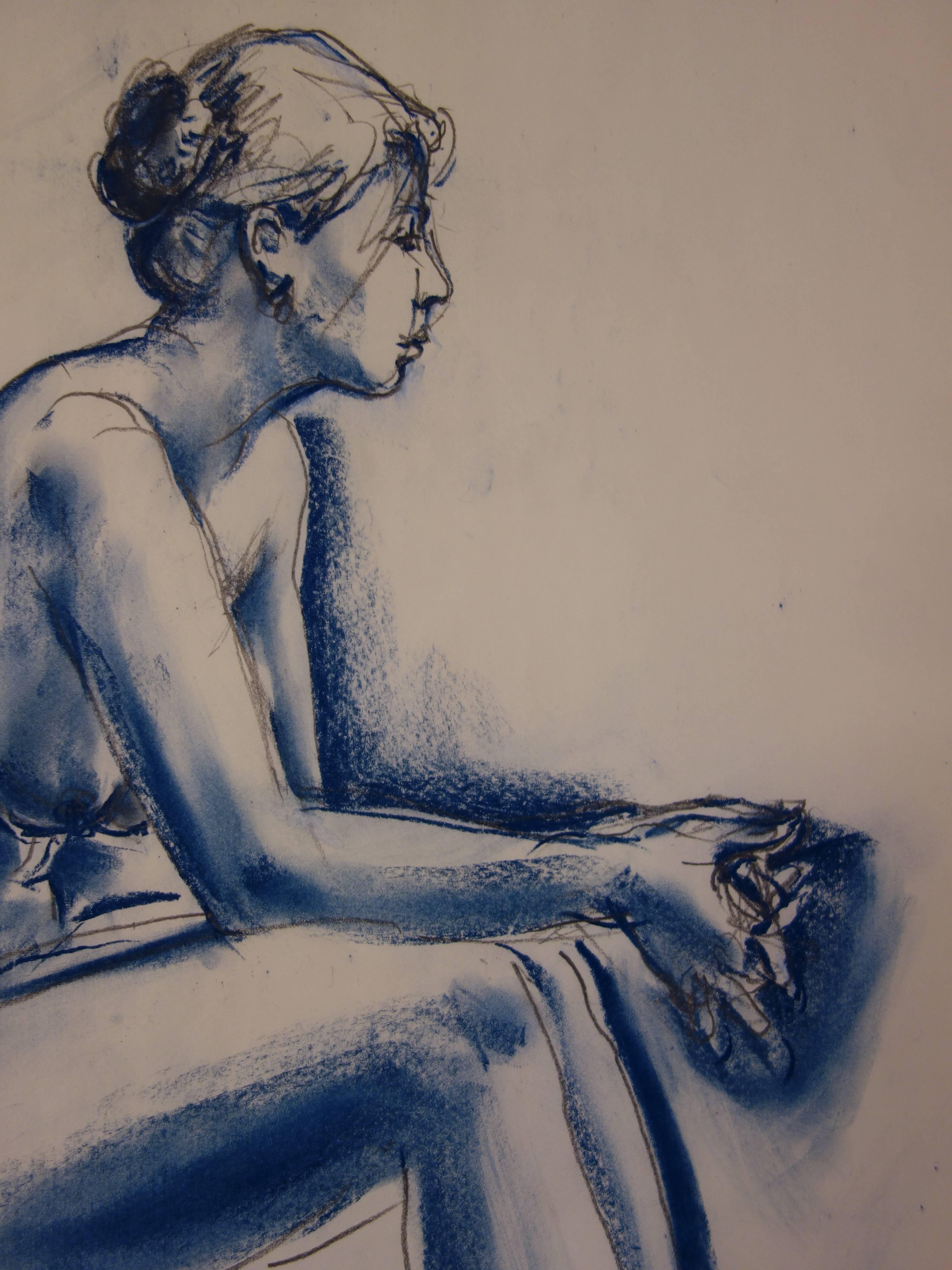 Blue Nude Ballerina - Original signed charcoals drawing 1