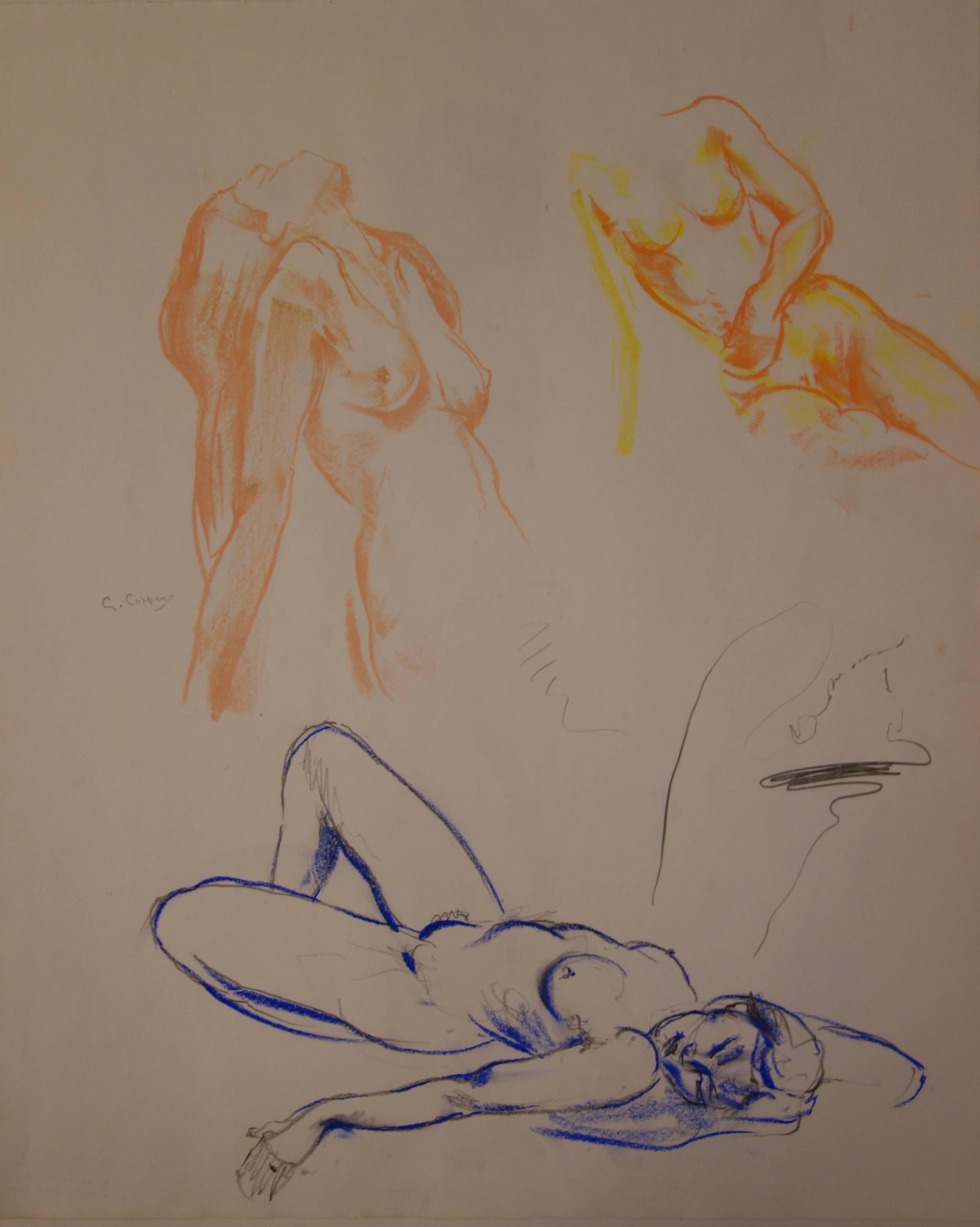 Trois études d'une femme en train de se reposer - dessin original signé au fusain