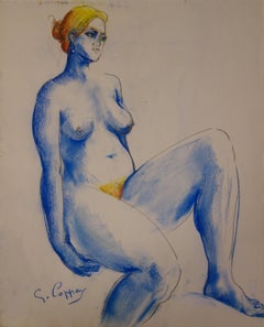 Fertility, Blond Haire Nude in Blue - Original signed charcoals drawing