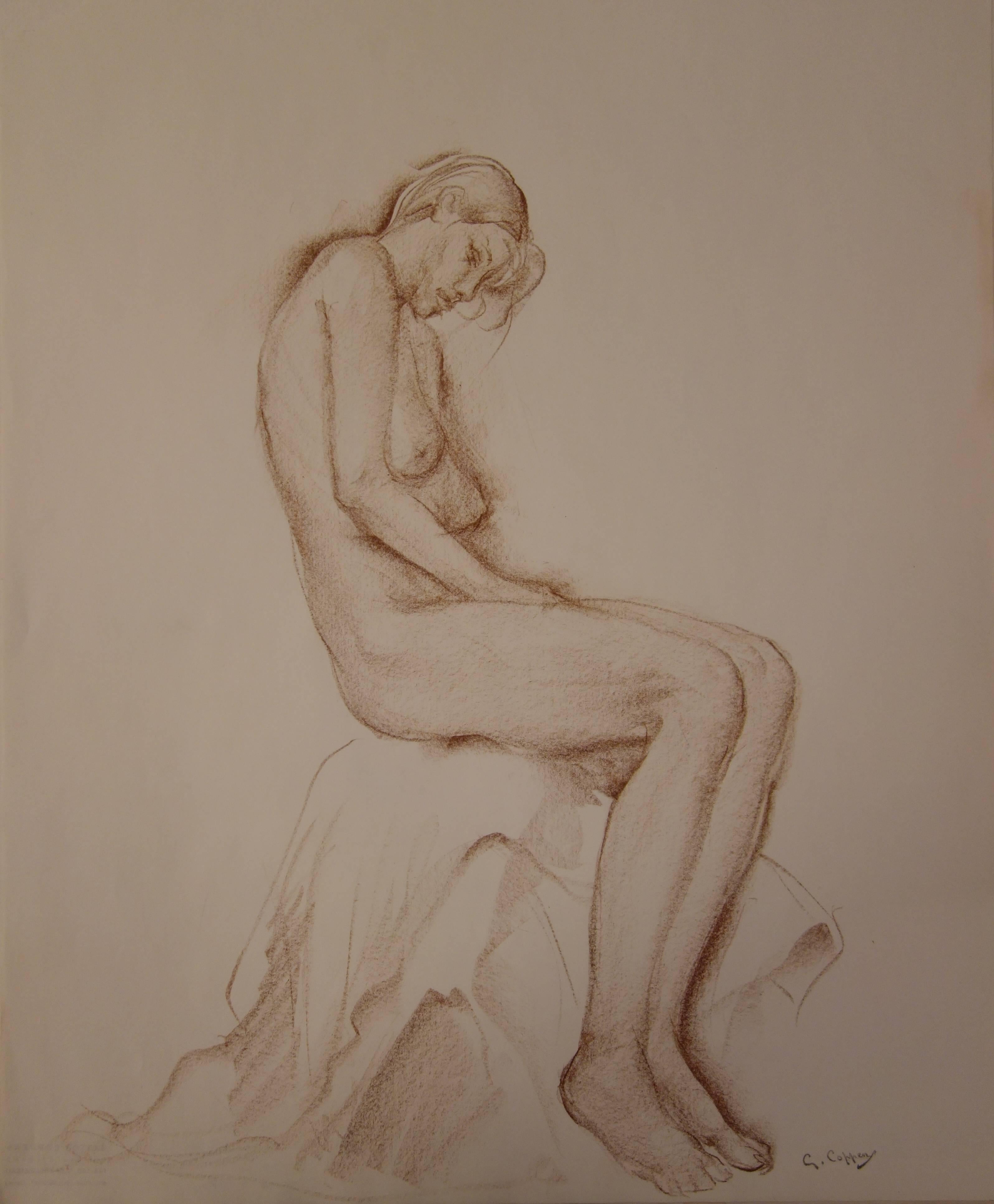 Nude Gaston Coppens - Modèle en attente dans l'atelier - dessin original signé au fusain